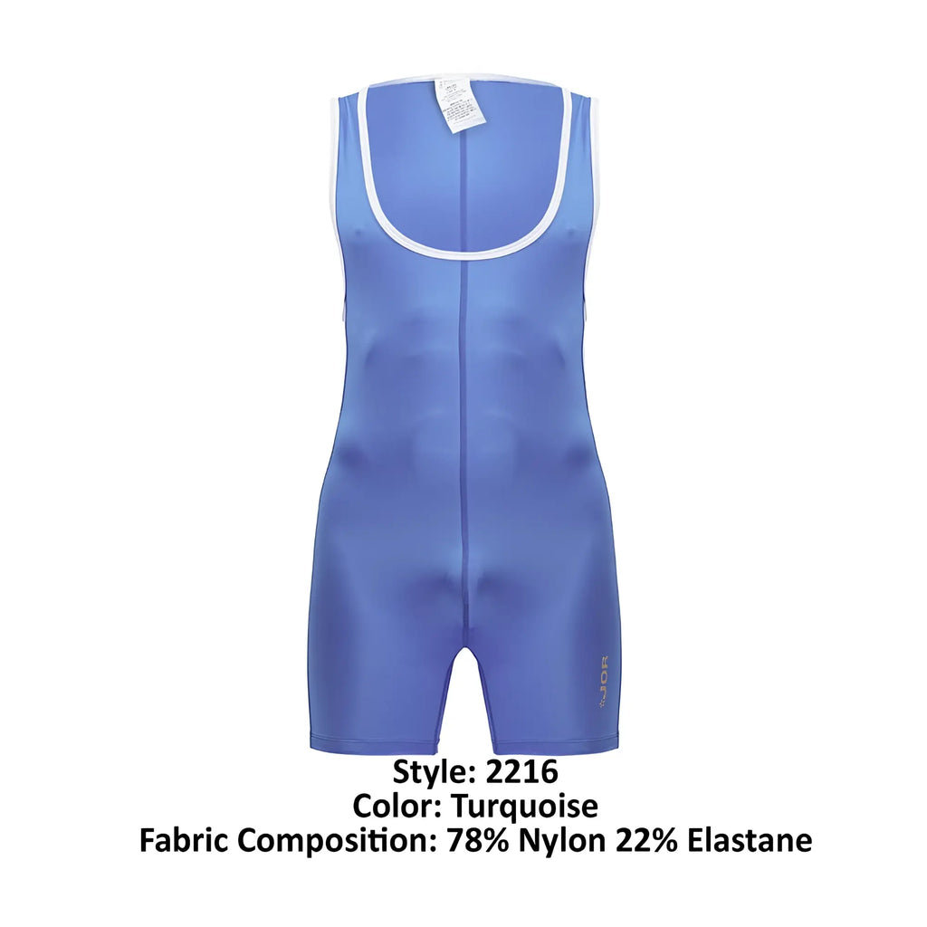 Turquoise jor 2216 fighter bodysuit sleeveless wrestling singlet with white trim front zipper made of nylon and elastane