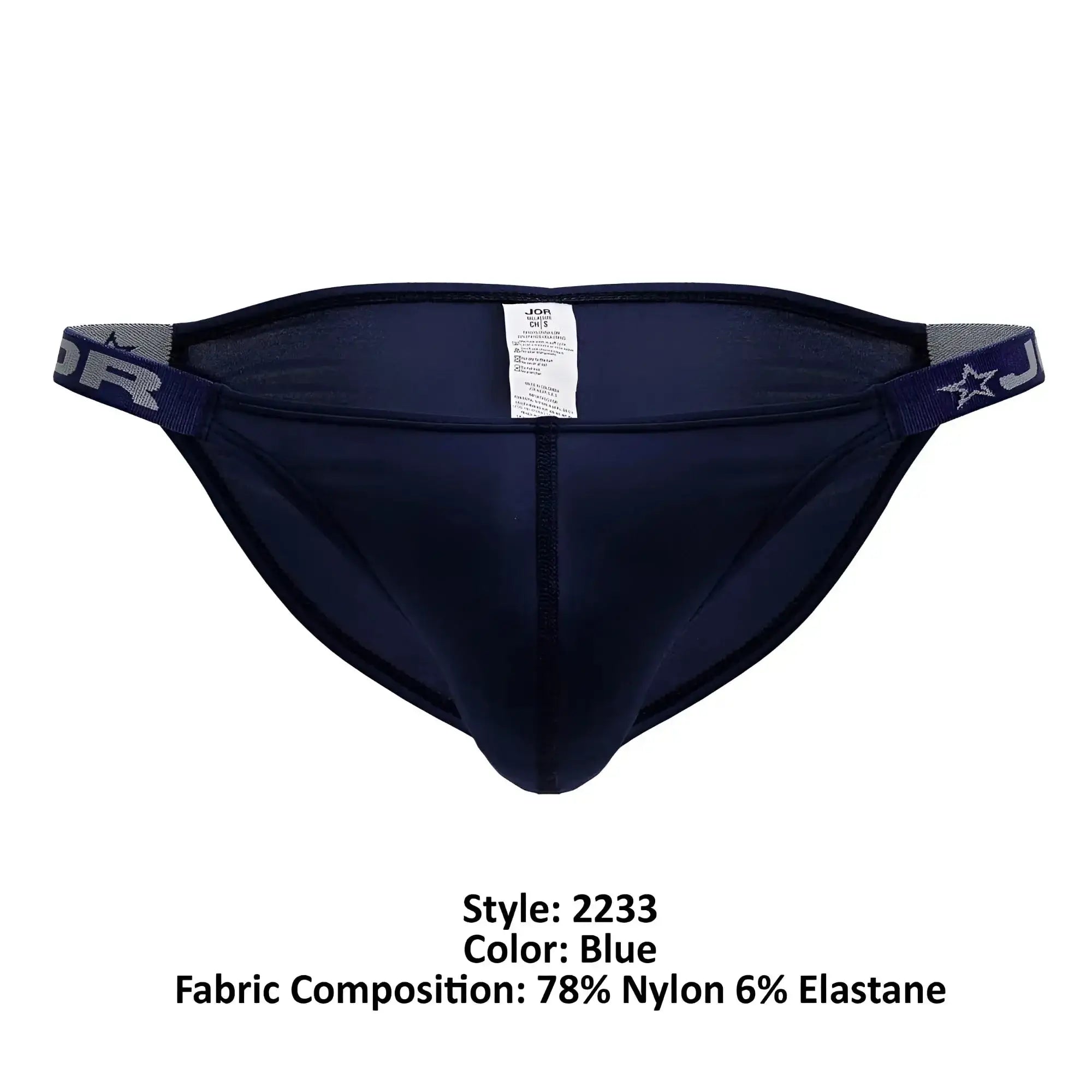 Navy blue jor 2233 eros bikini men’s briefs with elastic waistband, star logo, and brand lettering
