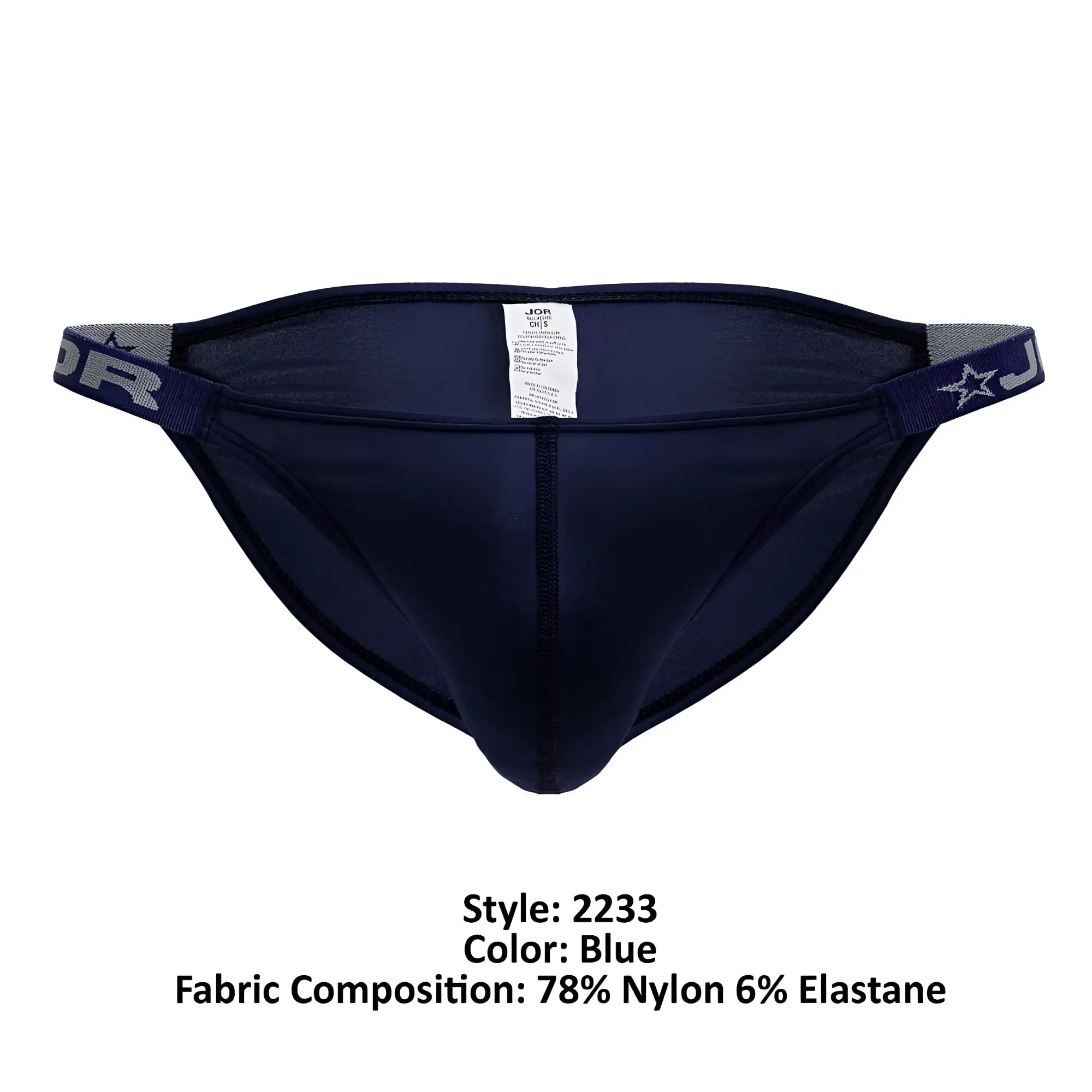 Navy blue jor 2233 eros bikini men’s briefs with elastic waistband, star logo, and brand lettering