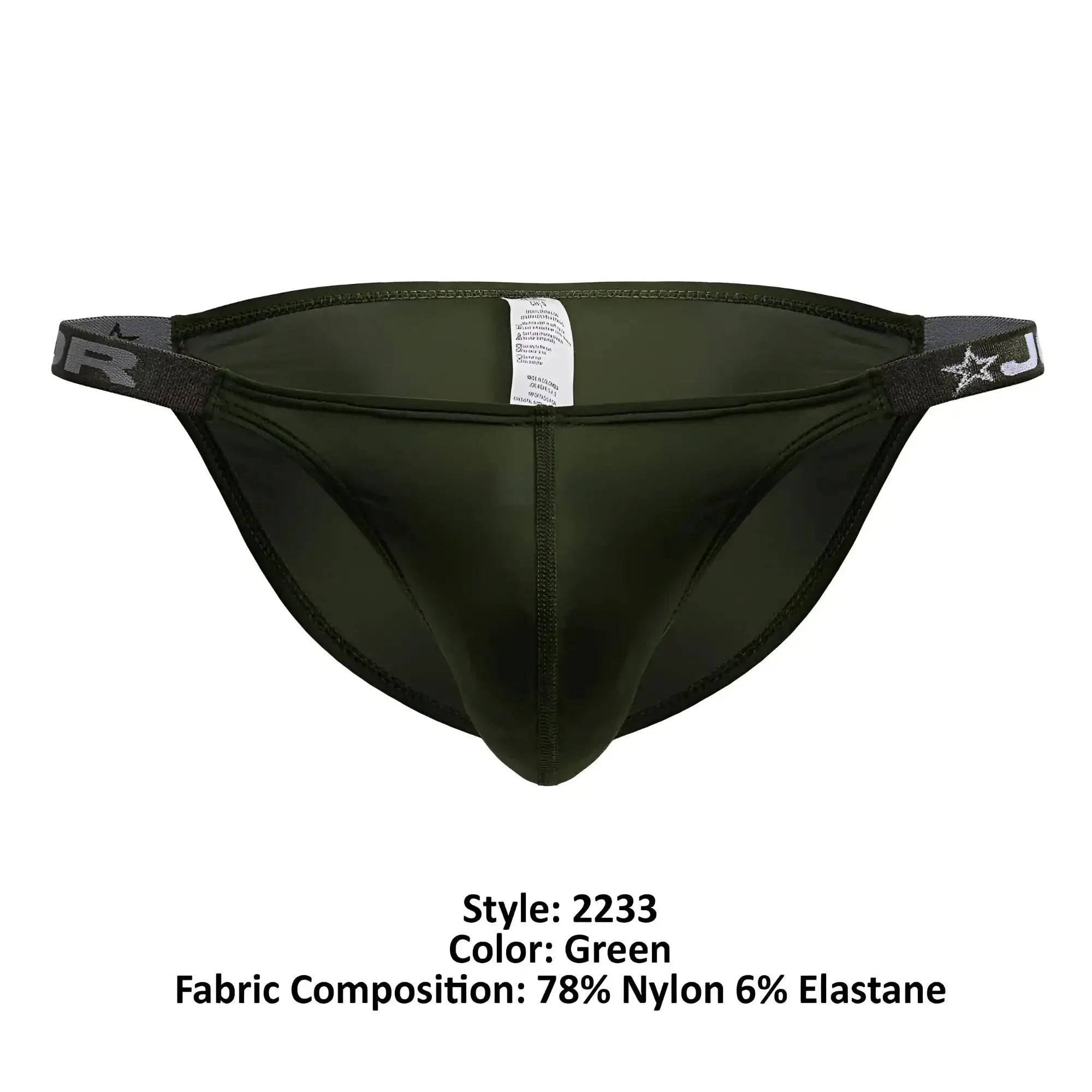 Olive green jor 2233 eros bikini athletic briefs with elastic waistband featuring star and j logo