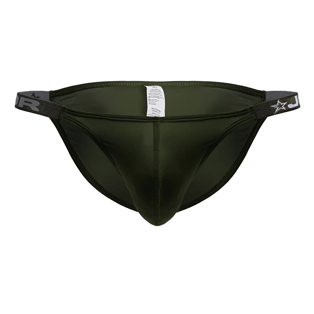 Dark olive green JOR 2233 Eros bikini briefs with elastic waistband featuring a white star and j logo