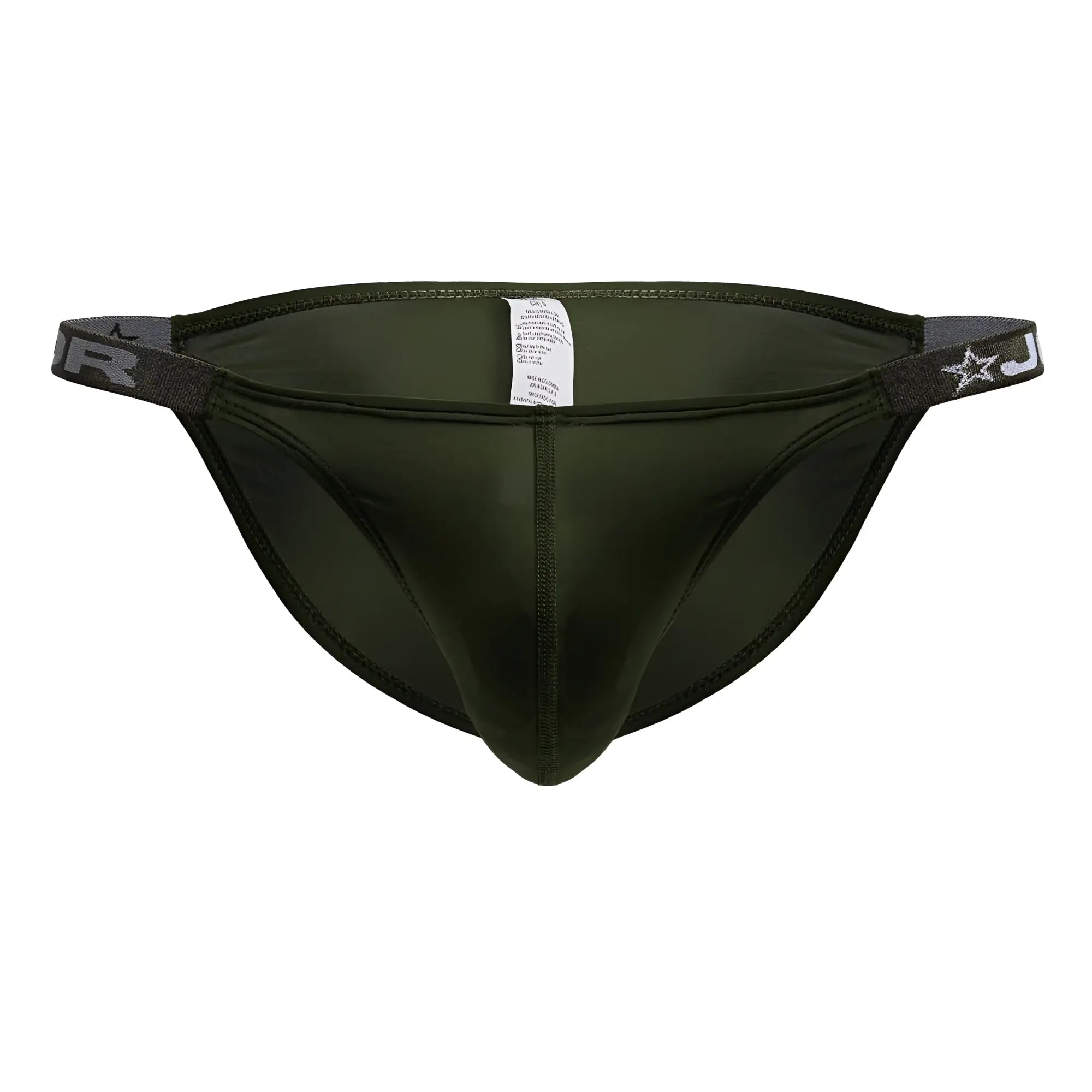 Dark olive green JOR 2233 Eros bikini briefs with elastic waistband featuring a white star and j logo