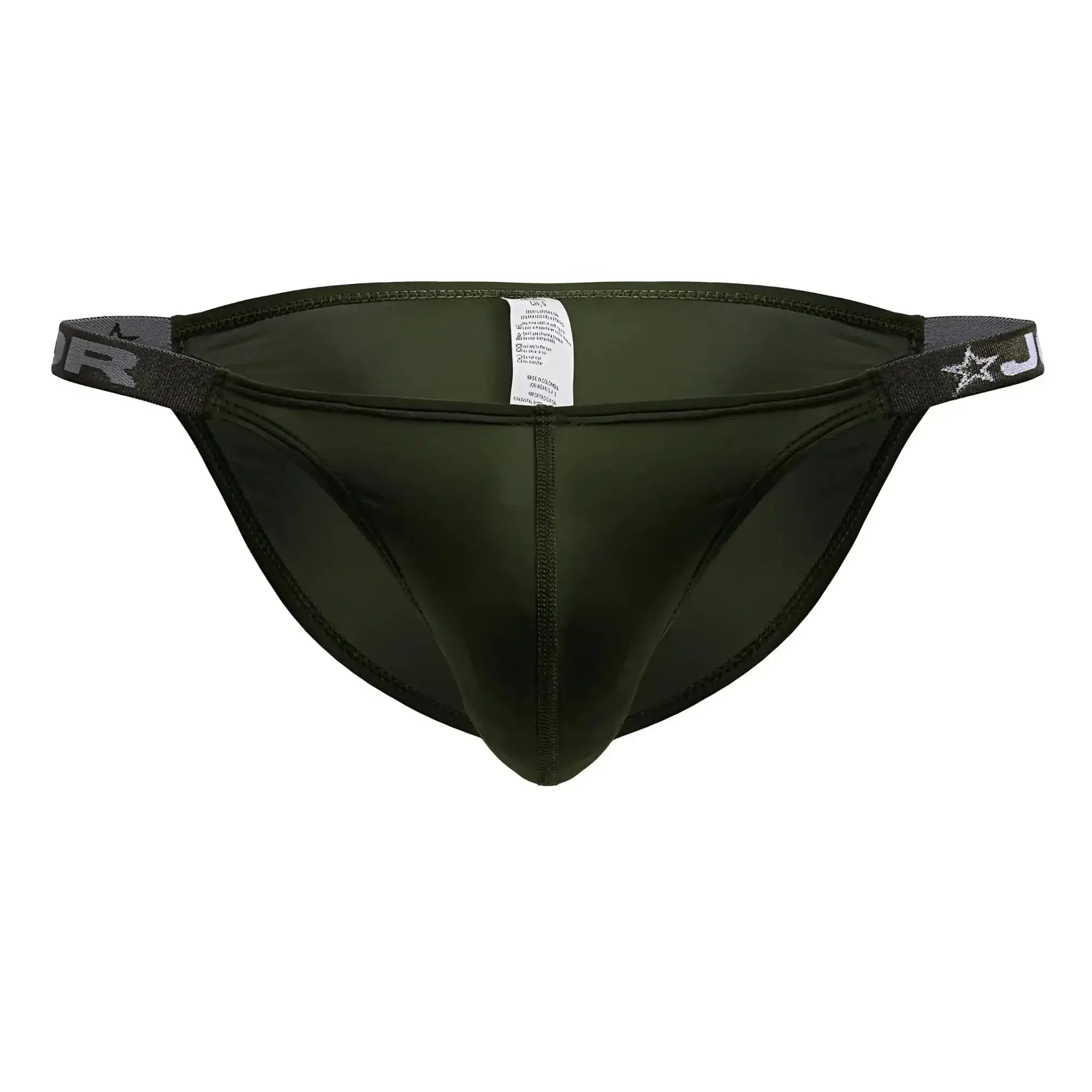 Dark olive green JOR 2233 Eros bikini briefs with elastic waistband featuring a white star and j logo