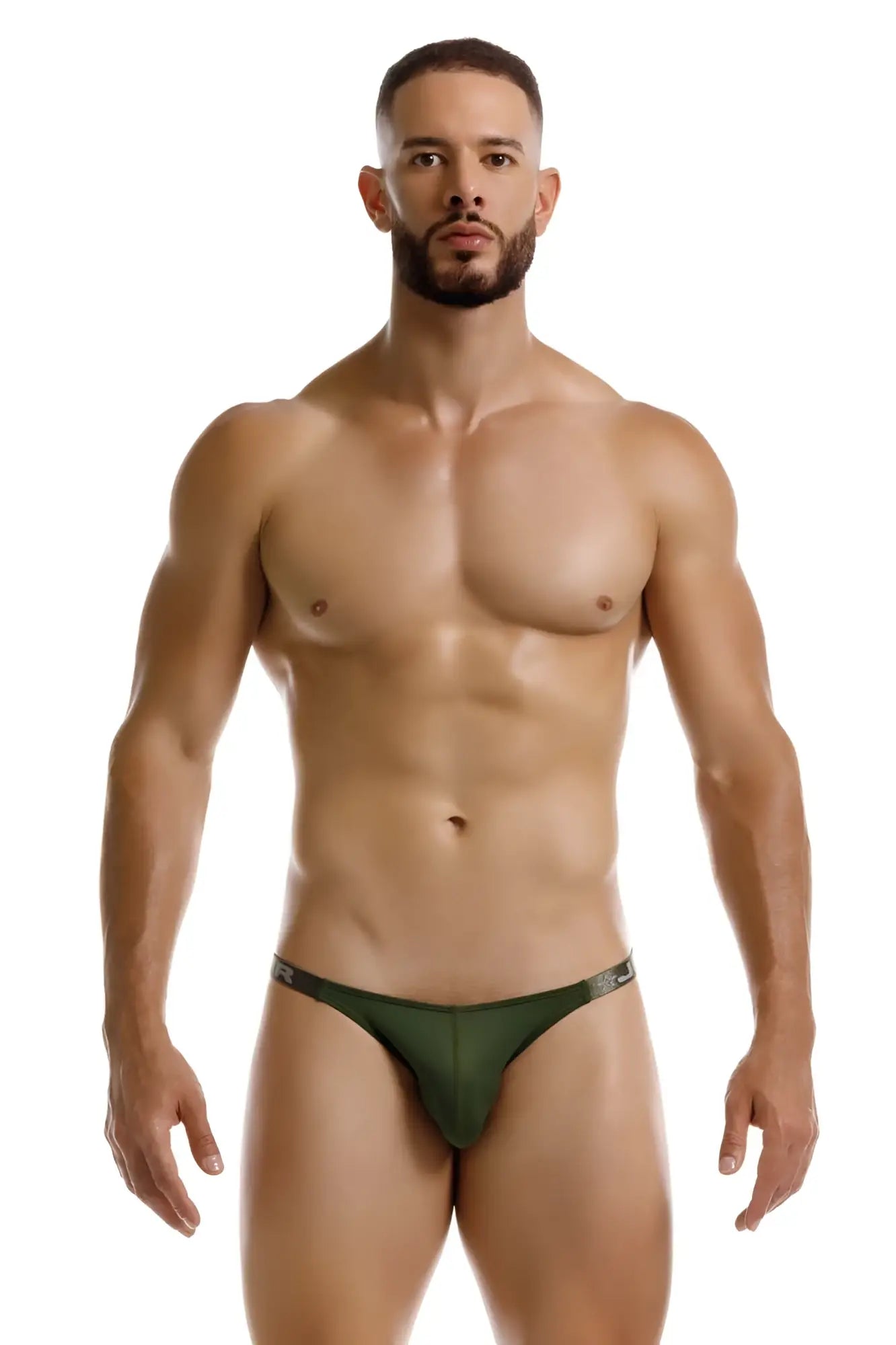Dark green form-fitting JOR 2233 Eros bikini thong with subtle logo waistband showing the back side