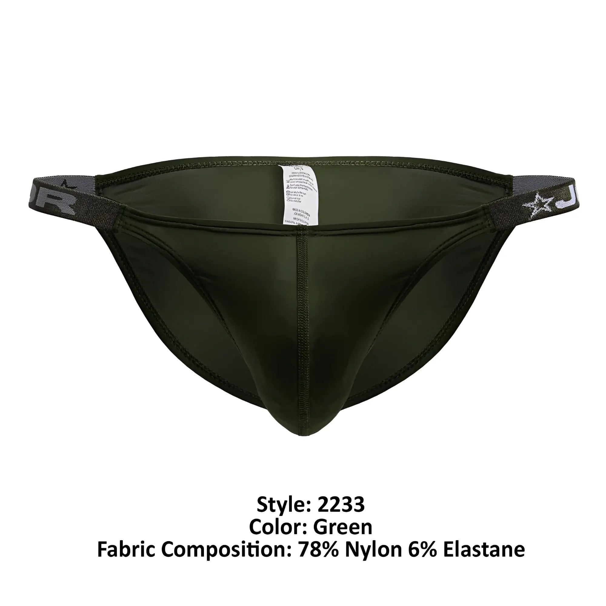 Olive green jor 2233 eros bikini athletic briefs with elastic waistband featuring star and j logo