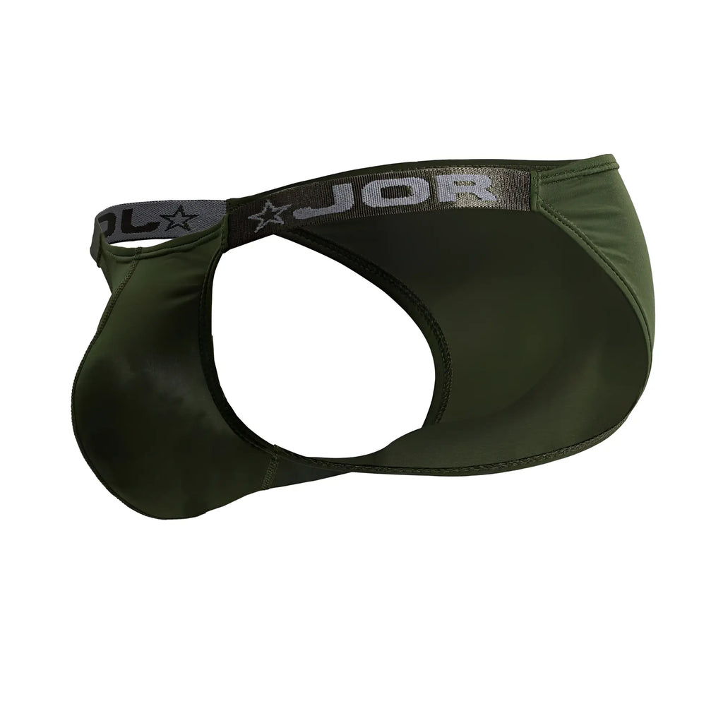 Olive green jor 2233 eros bikini thong made of smooth stretchy fabric with gray elastic waistband and star logo emblem