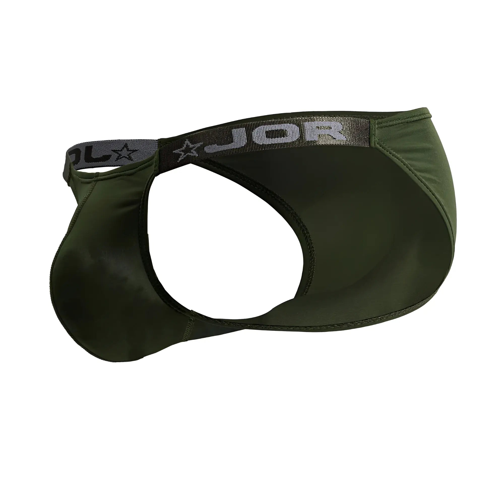 Olive green jor 2233 eros bikini thong made of smooth stretchy fabric with gray elastic waistband and star logo emblem