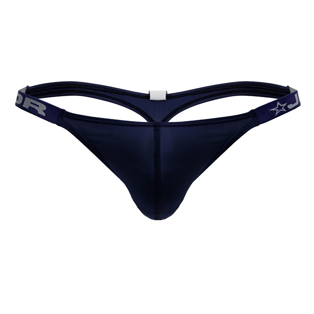 Dark navy blue jor 2235 eros thong with sleek form-fitting design and elastic waistband with silver lettering and star logo