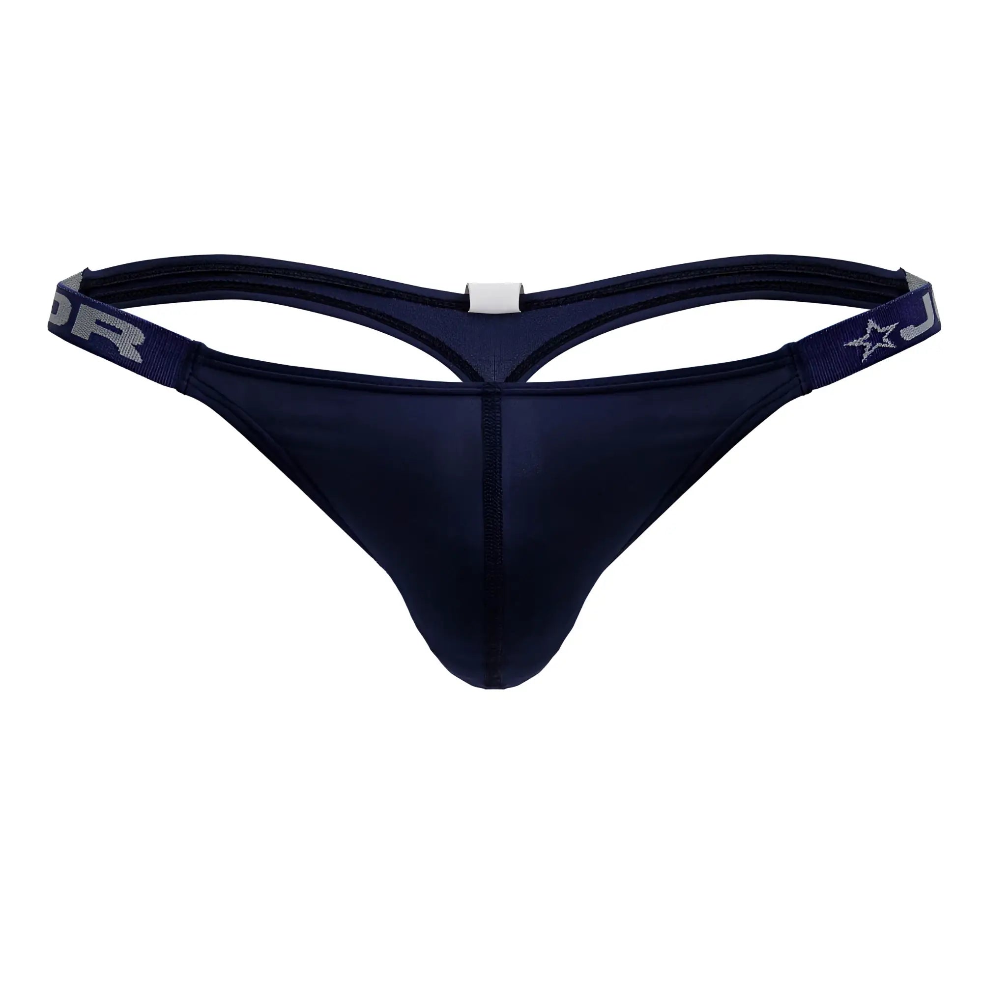 Dark navy blue jor 2235 eros thong with sleek form-fitting design and elastic waistband with silver lettering and star logo