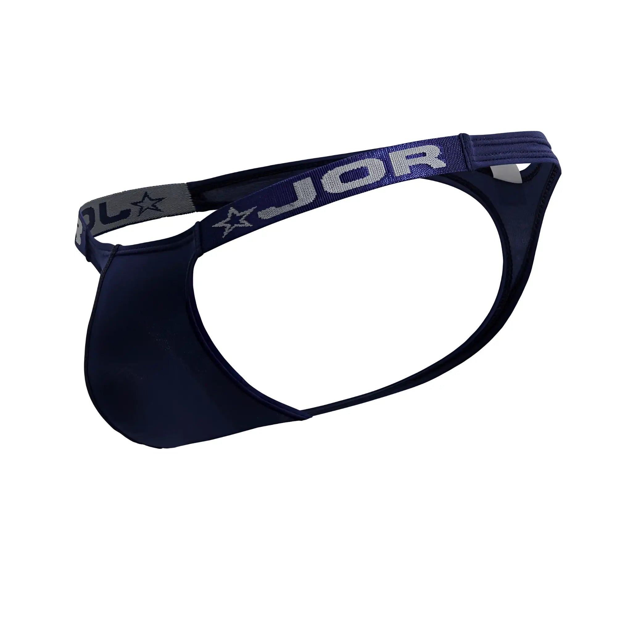 Navy blue jor 2235 eros thong with gray star patterned waistband showing front side design