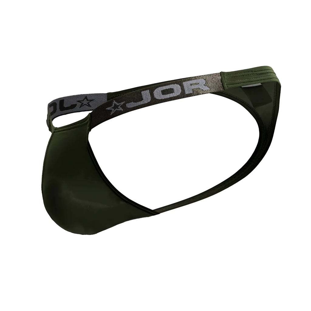 Dark olive green jor brand briefs with gray elastic waistband featuring jor logo and star emblem in eros thongs style
