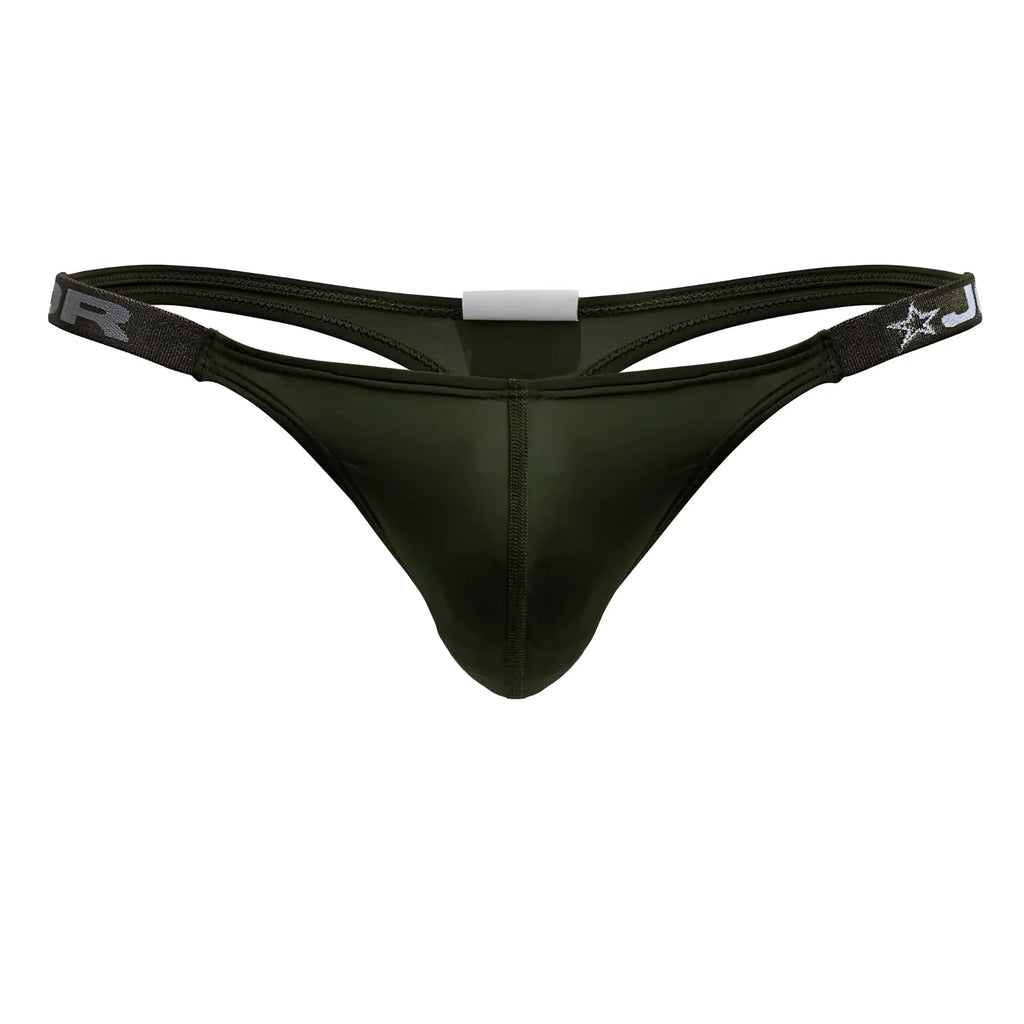 Dark olive green jor 2235 eros thong with sleek form-fitting design and subtle sheen shown from the back side