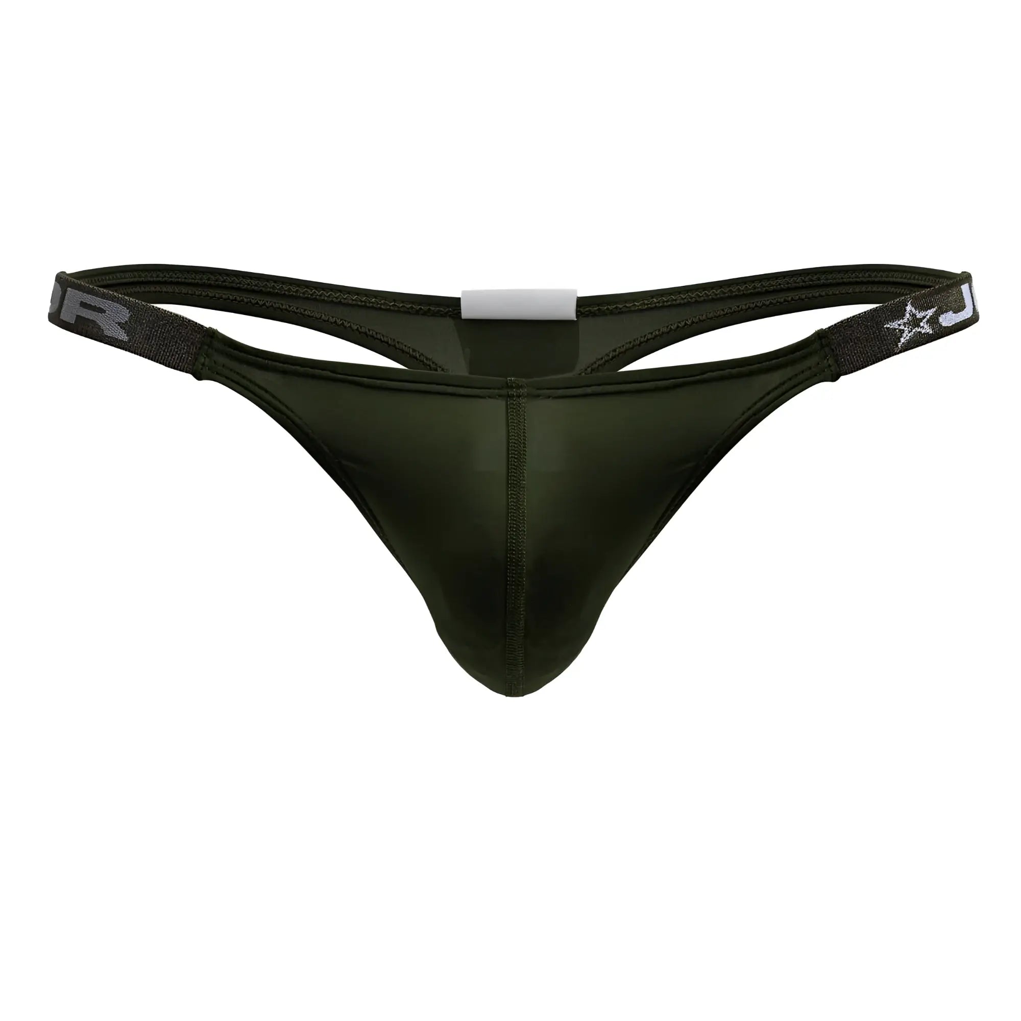Dark olive green jor 2235 eros thong with sleek form-fitting design and subtle sheen shown from the back side