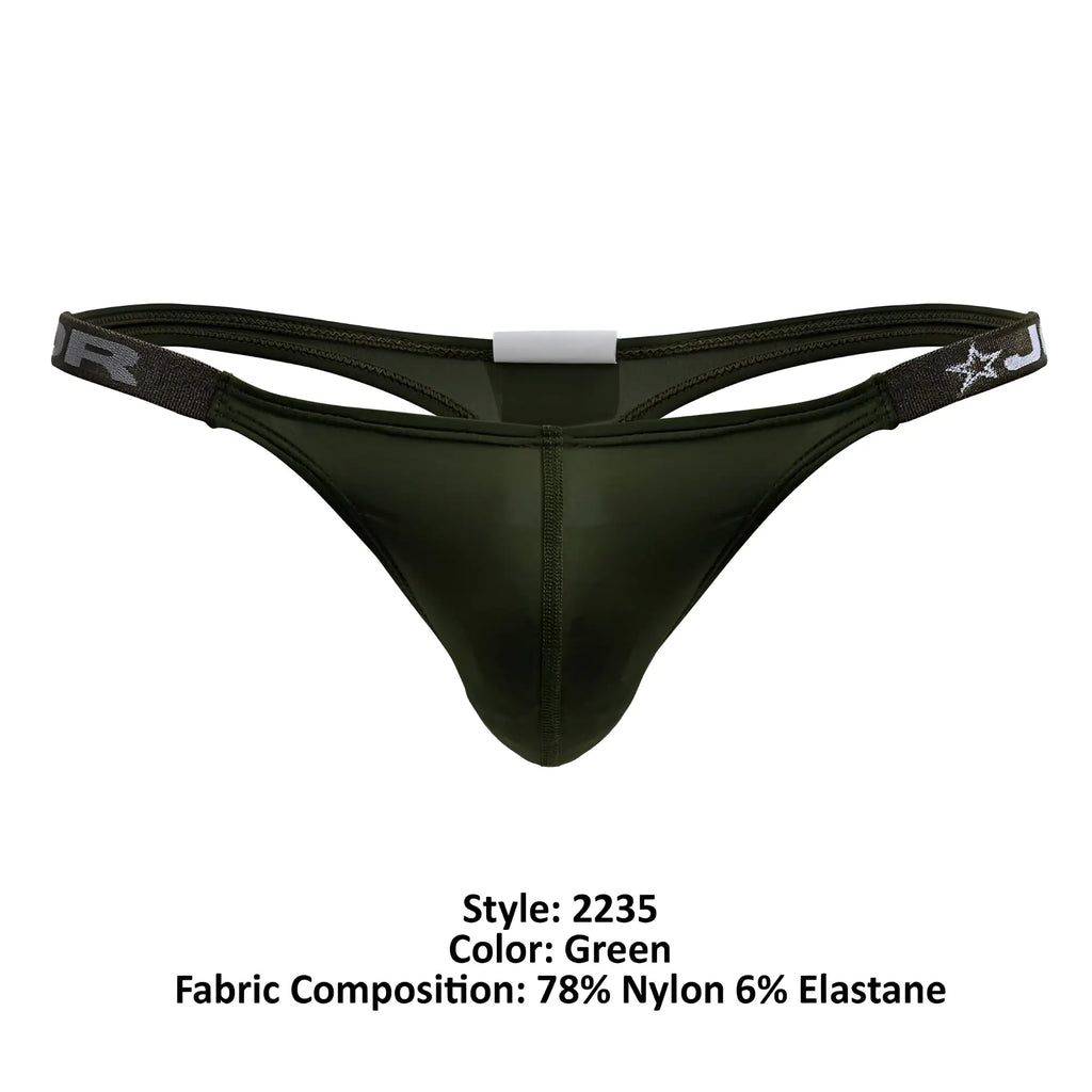 Dark green JOR 2235 Eros thong made of nylon and elastane with branded elastic waistband and star logo visible from back