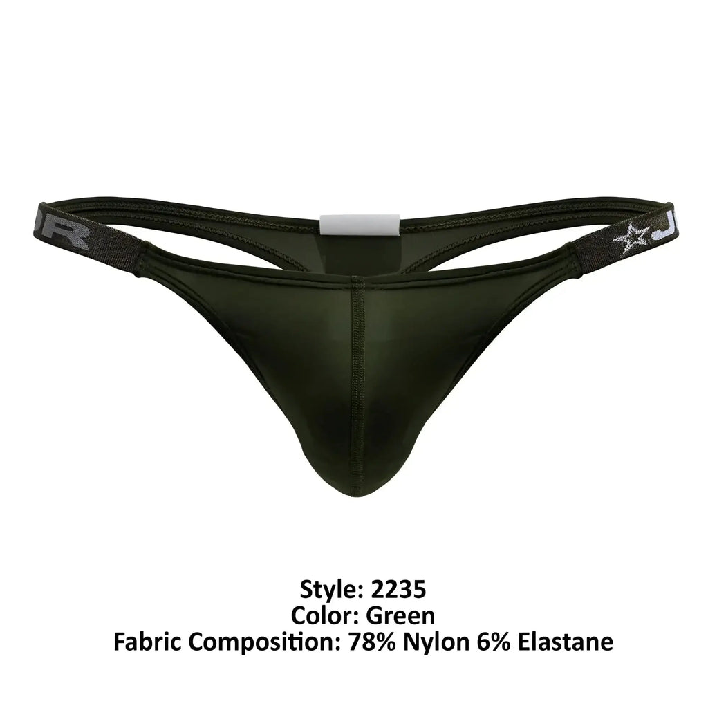 Dark green JOR 2235 Eros thong made of nylon and elastane with branded elastic waistband and star logo visible from back