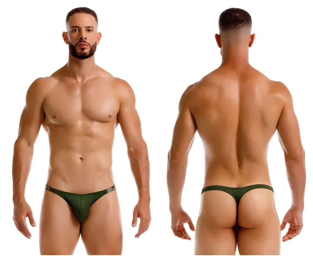 Dark green jor 2235 eros thong with subtle metallic trim along the waistband shown from the back side
