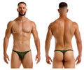 Dark green jor 2235 eros thong with subtle metallic trim along the waistband shown from the back side