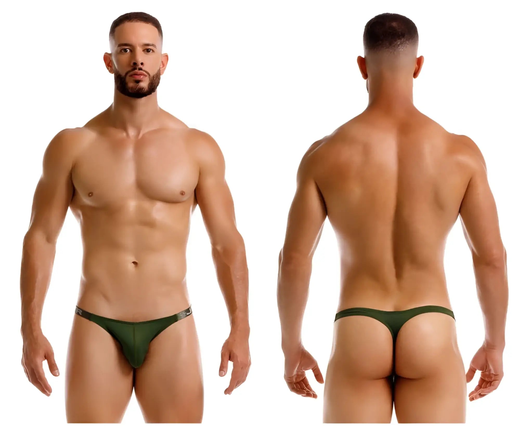 Dark green jor 2235 eros thong with subtle metallic trim along the waistband shown from the back side