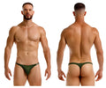 Dark green jor 2235 eros thong with subtle metallic trim along the waistband shown from the back side