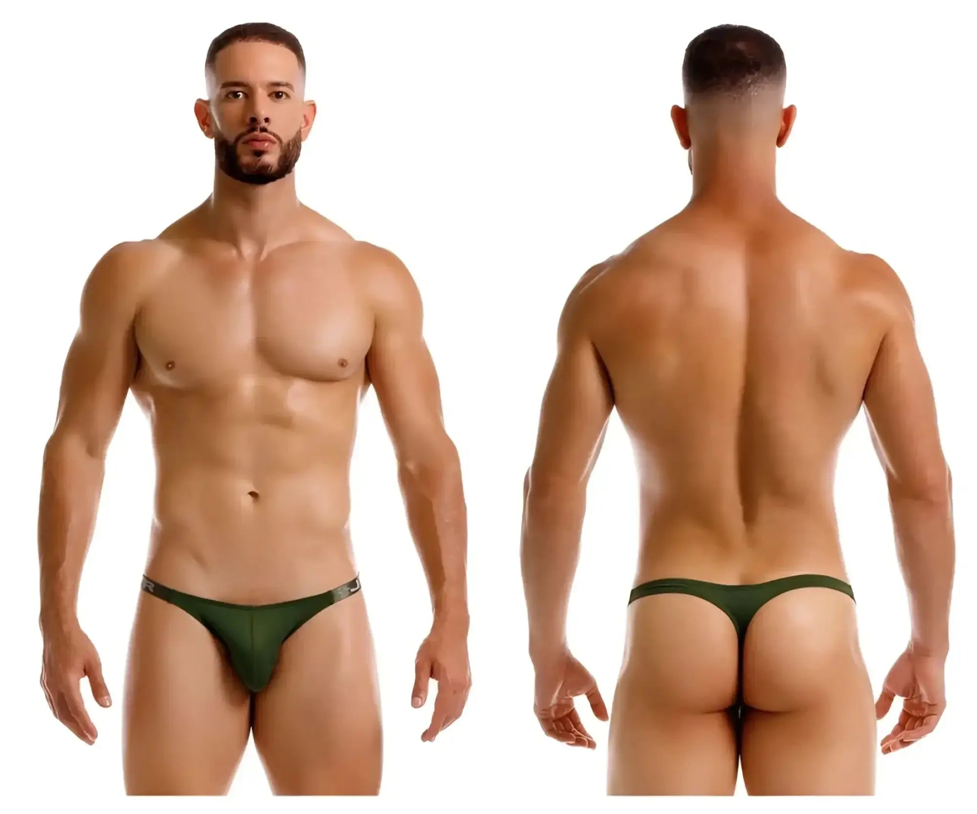 Dark green jor 2235 eros thong with subtle metallic trim along the waistband shown from the back side