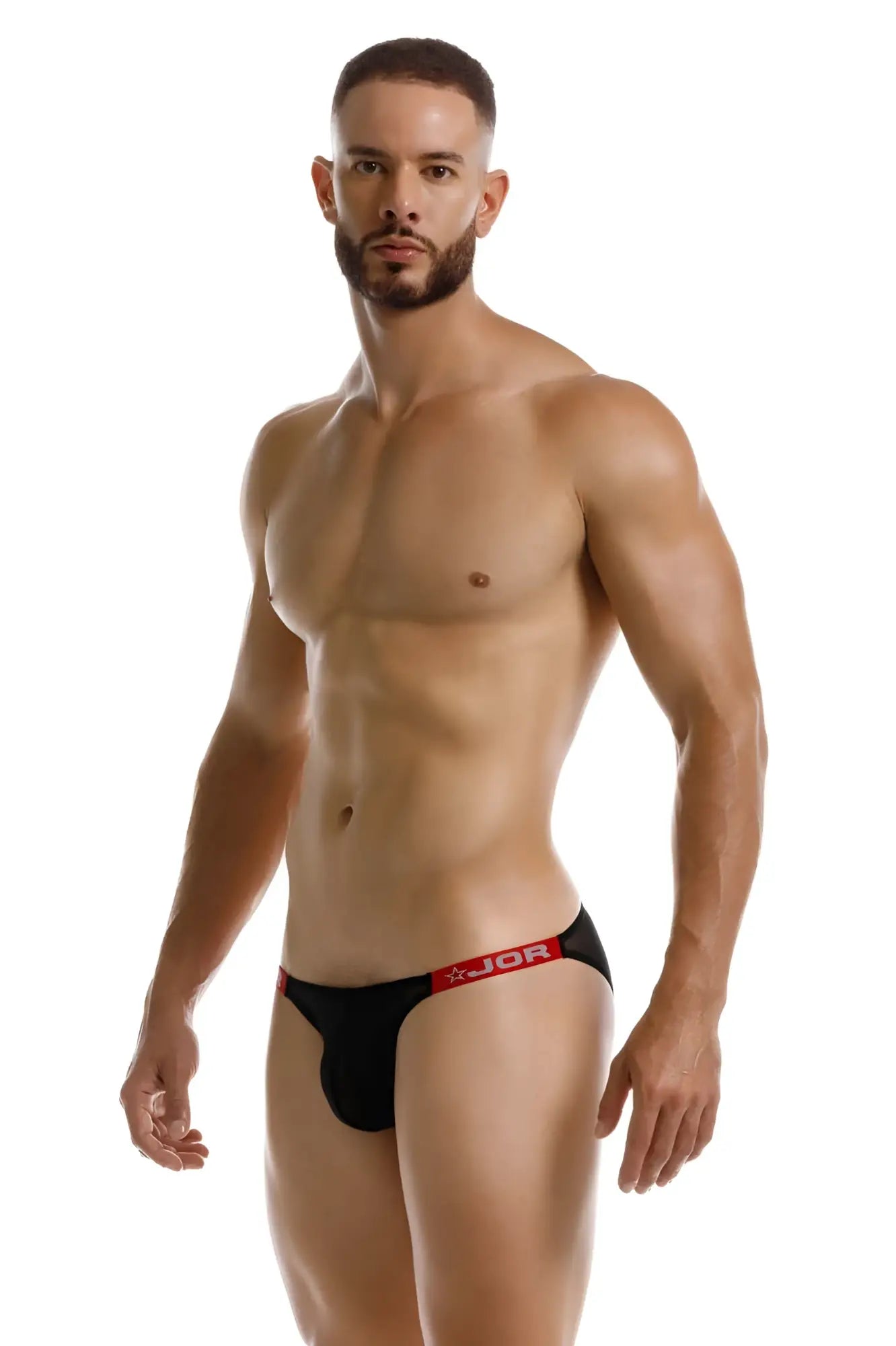 Black jor 2236 frost bikini briefs with red waistband featuring jor logo and star emblem