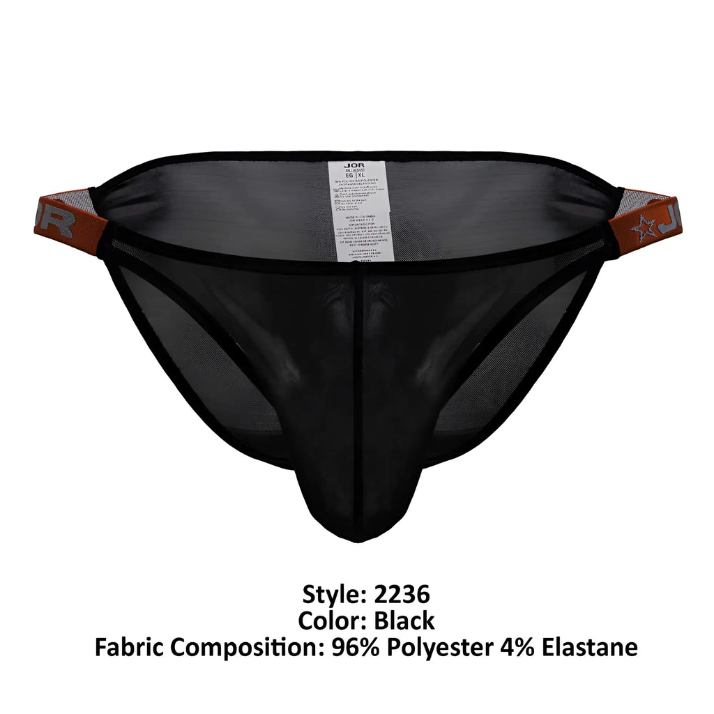 Black mesh thong frost bikini with orange and gray branded side tabs in color black shown from back side
