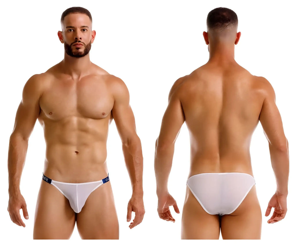 White jor 2236 frost bikini briefs with blue trim and subtle logo on waistband for athletic wear