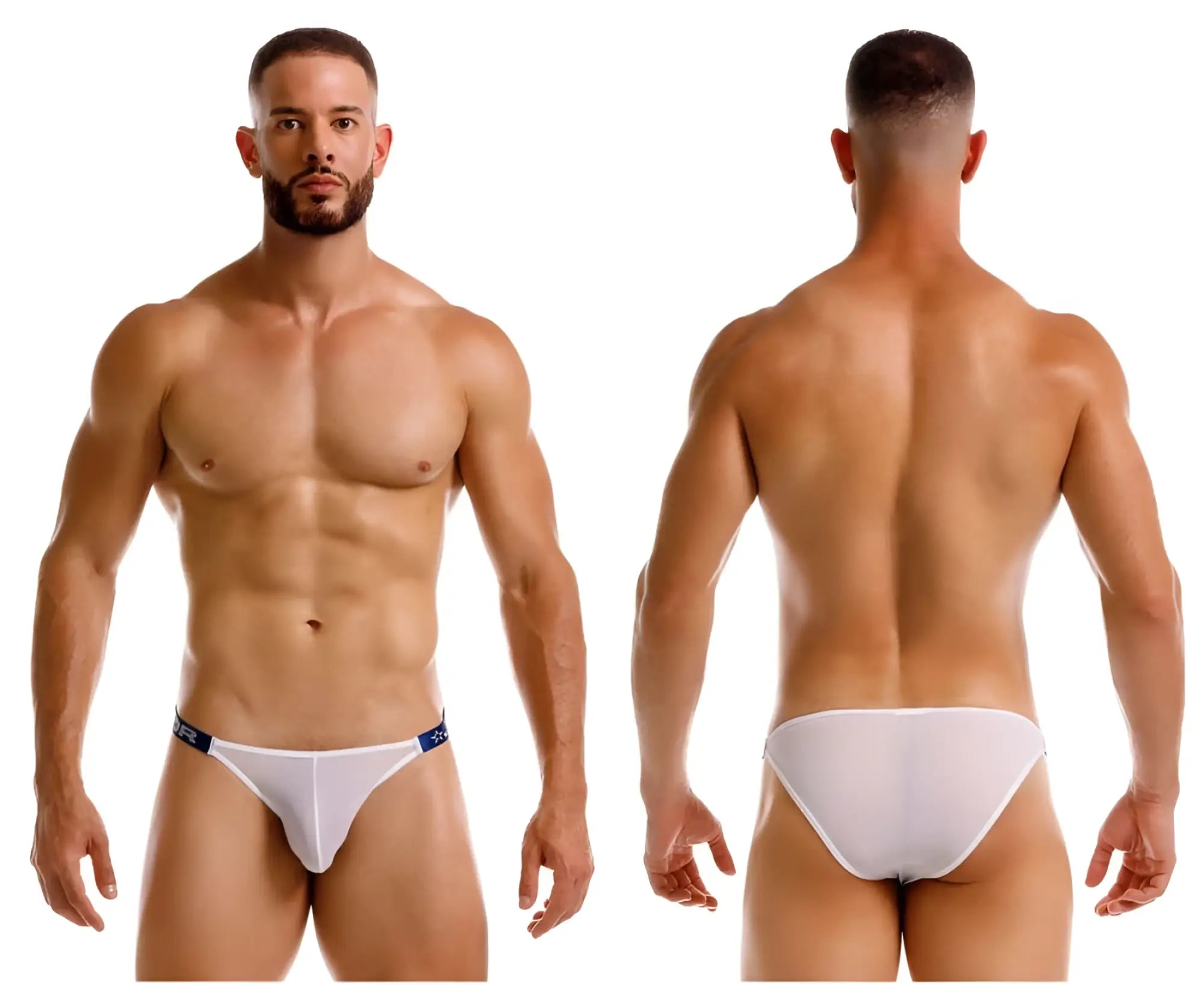White jor 2236 frost bikini briefs with blue trim and subtle logo on waistband for athletic wear