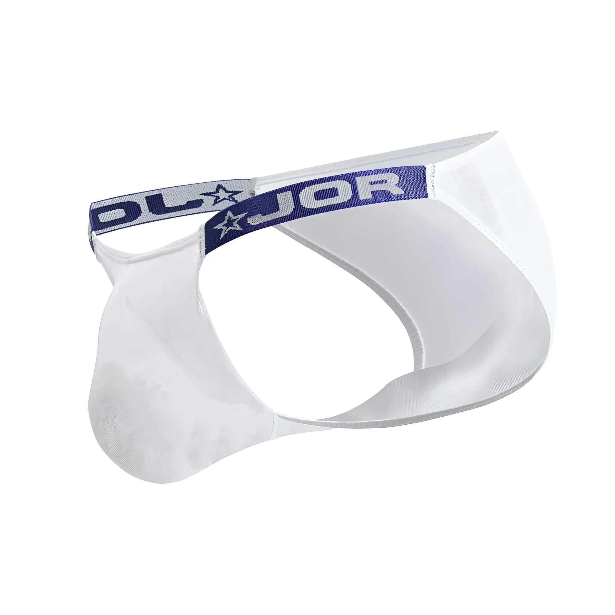 White mesh briefs with navy blue elastic waistband featuring dljor logo and star design jor 2236 frost bikini white