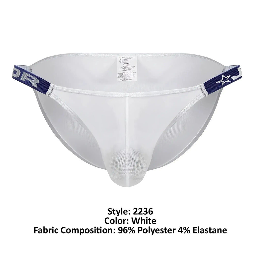 White mesh jor 2236 frost bikini briefs with navy blue elastic waistband featuring star logo and j branding
