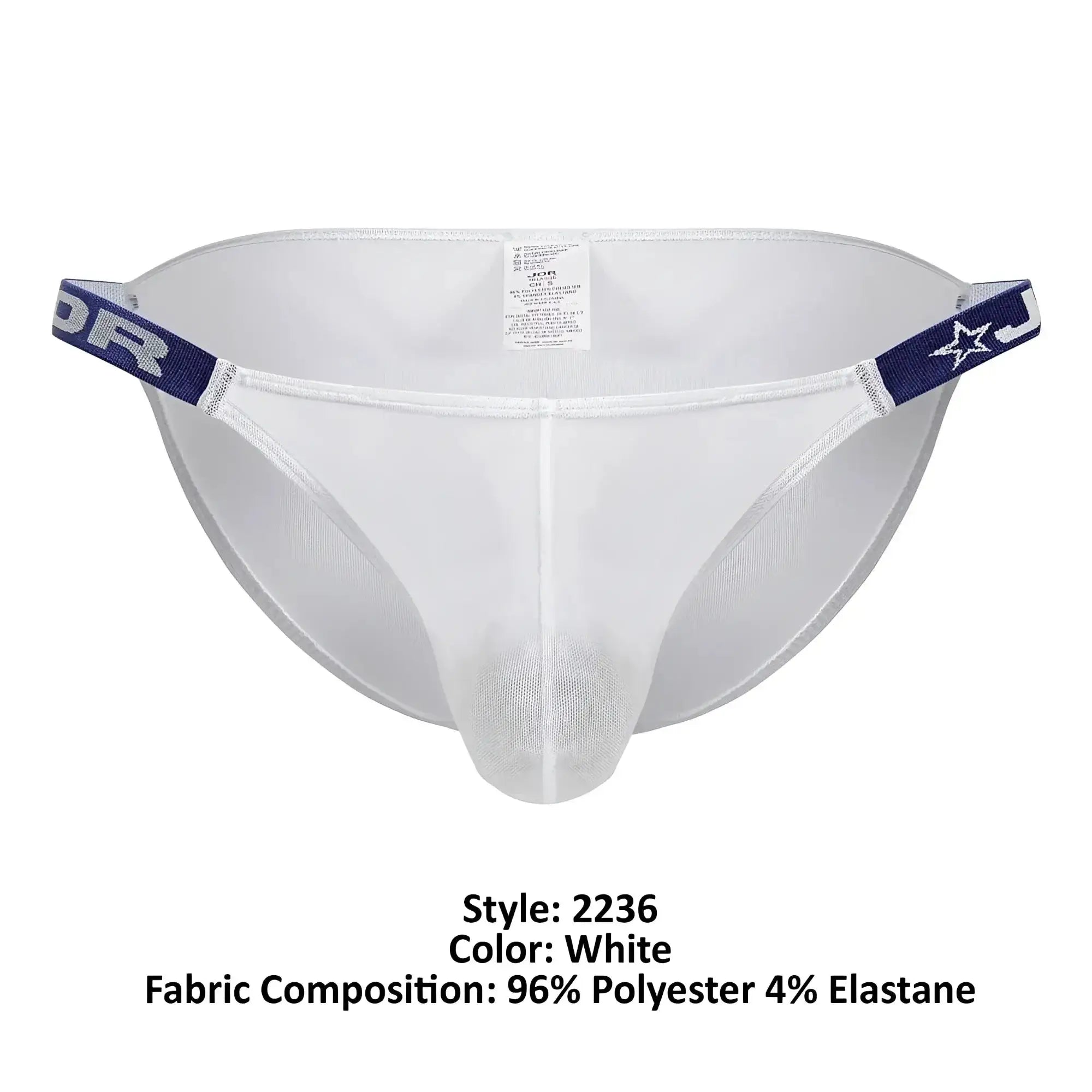 White mesh jor 2236 frost bikini briefs with navy blue elastic waistband featuring star logo and j branding