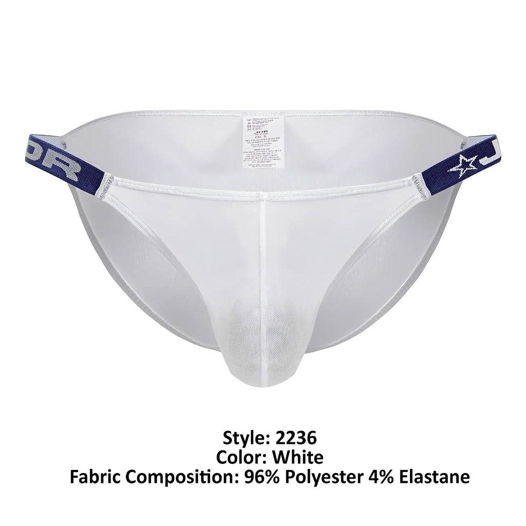 White mesh jor 2236 frost bikini briefs with navy blue elastic waistband featuring star logo and j branding
