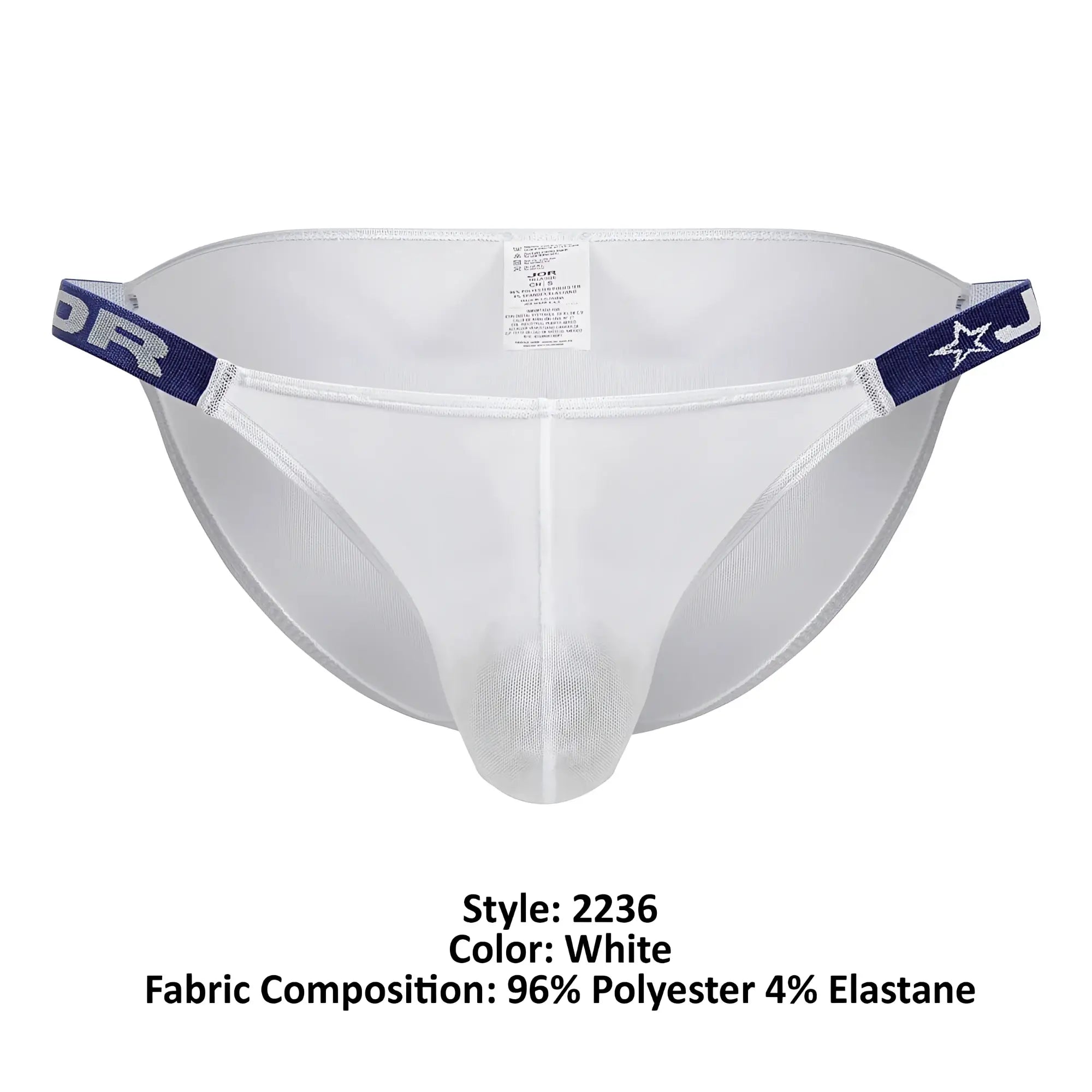 White mesh jor 2236 frost bikini briefs with navy blue elastic waistband featuring star logo and j branding