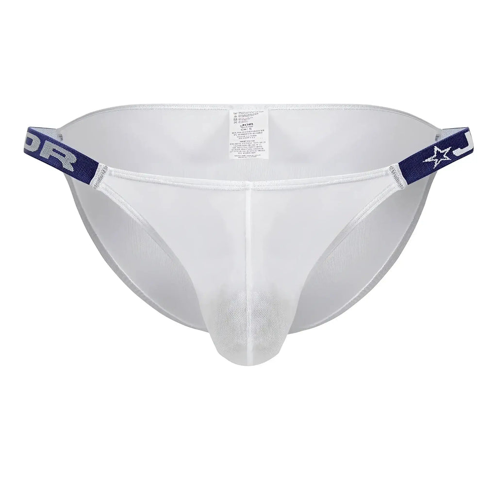 White mesh thong bikini with navy blue elastic waistband featuring star and lettering design jor 2236 frost bikini