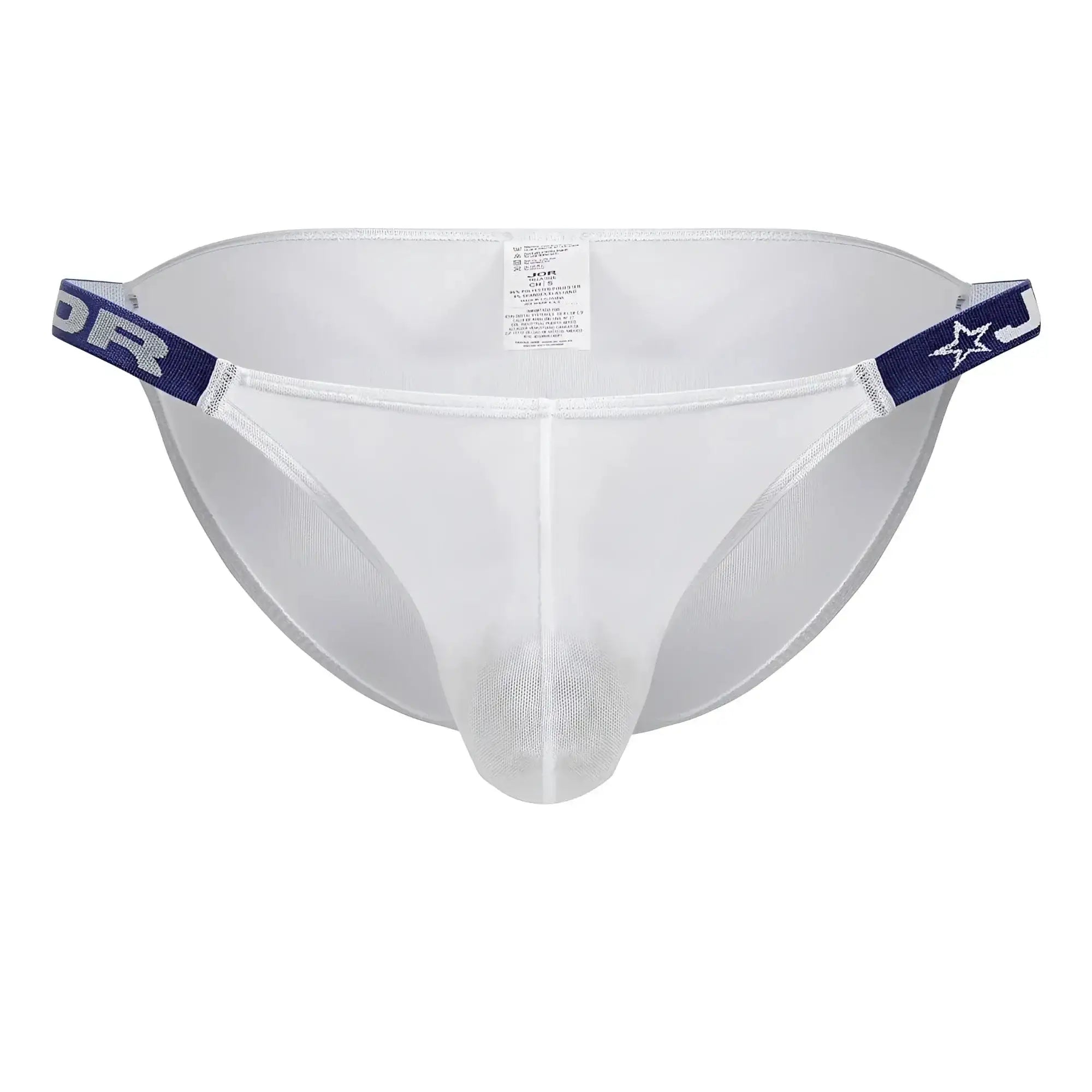 White mesh thong bikini with navy blue elastic waistband featuring star and lettering design jor 2236 frost bikini