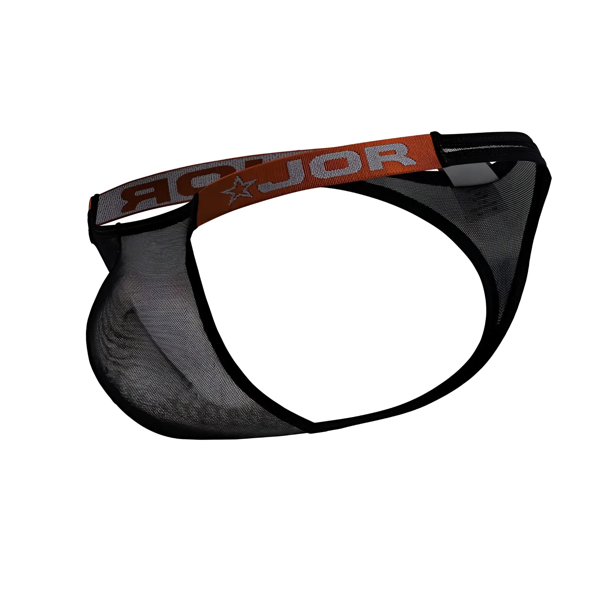 Black mesh brief with orange and gray waistband featuring jor brand name from jor 2238 frost thongs collection