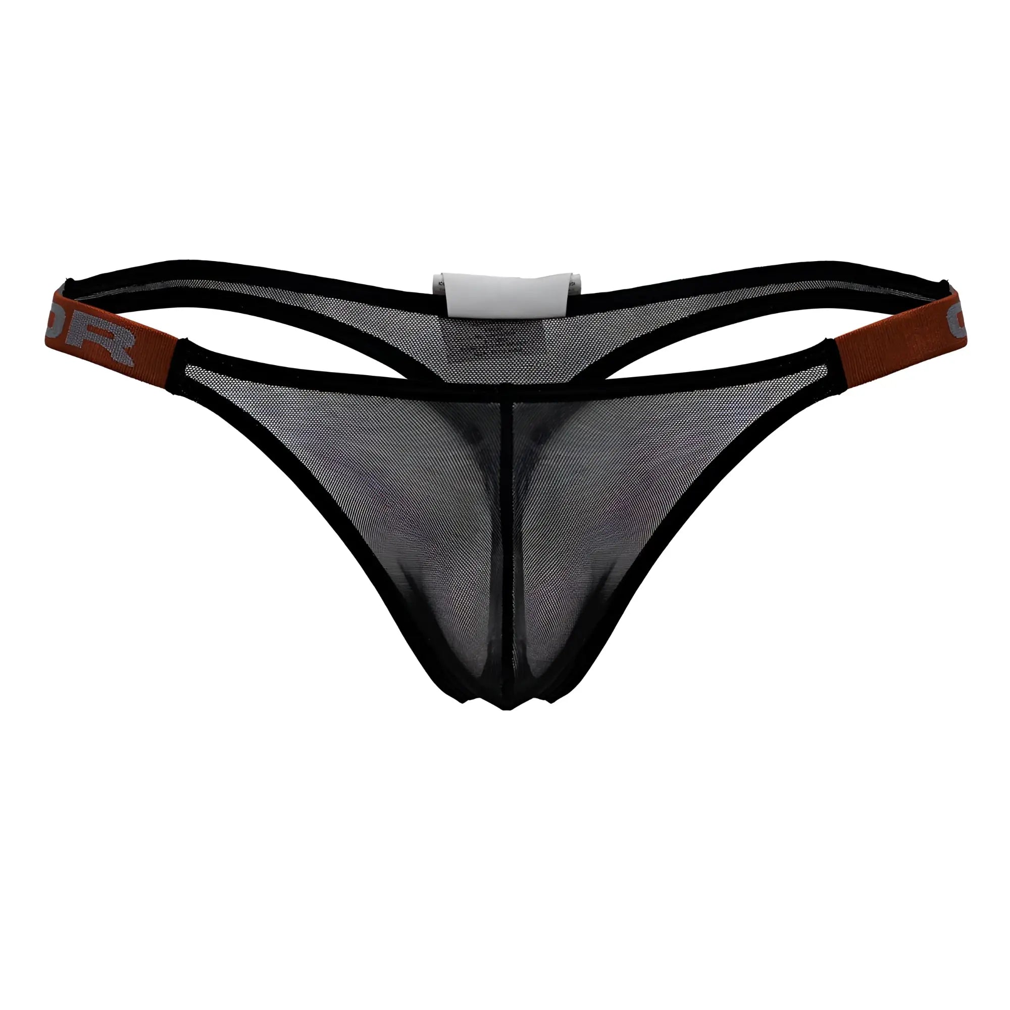 Black mesh thong with brown elastic waistband and black trim jor 2238 frost thongs color black front view