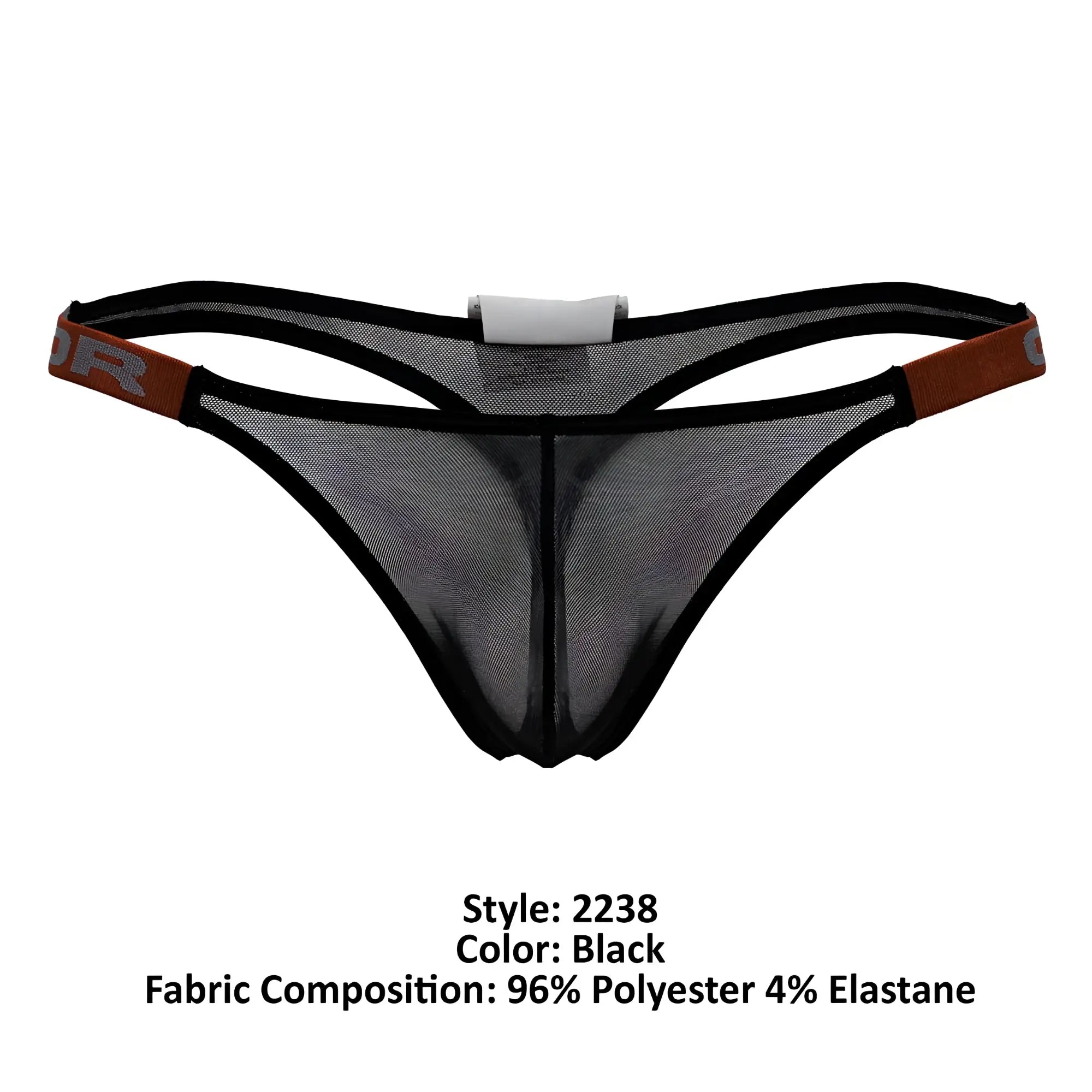 Black mesh JOR 2238 Frost thong with black elastic trim brown side bands and gray logo front view