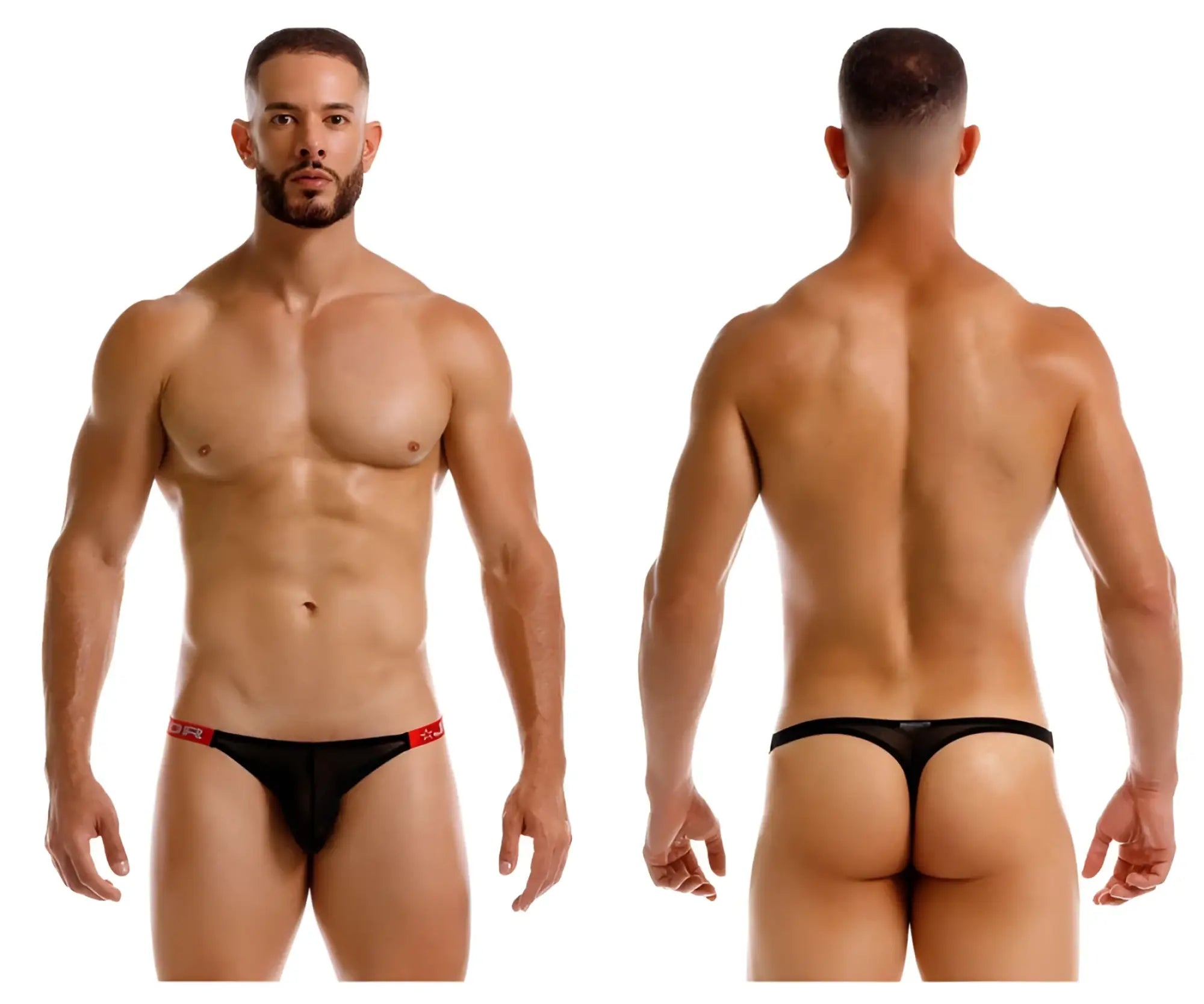Black mesh thong with red trim and small logo on waistband jor 2238 frost thongs color black front view