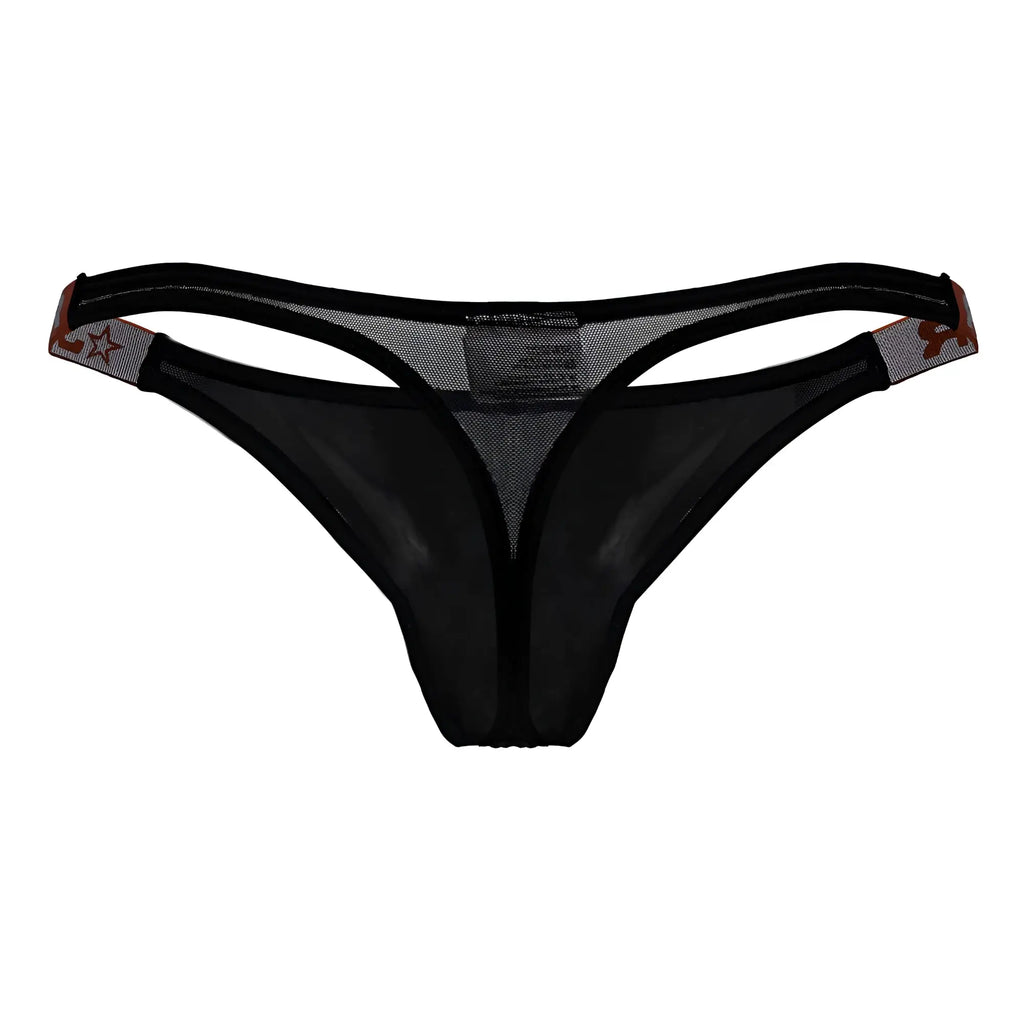 Black mesh JOR 2238 Frost thong with subtle star pattern on side straps showing front view