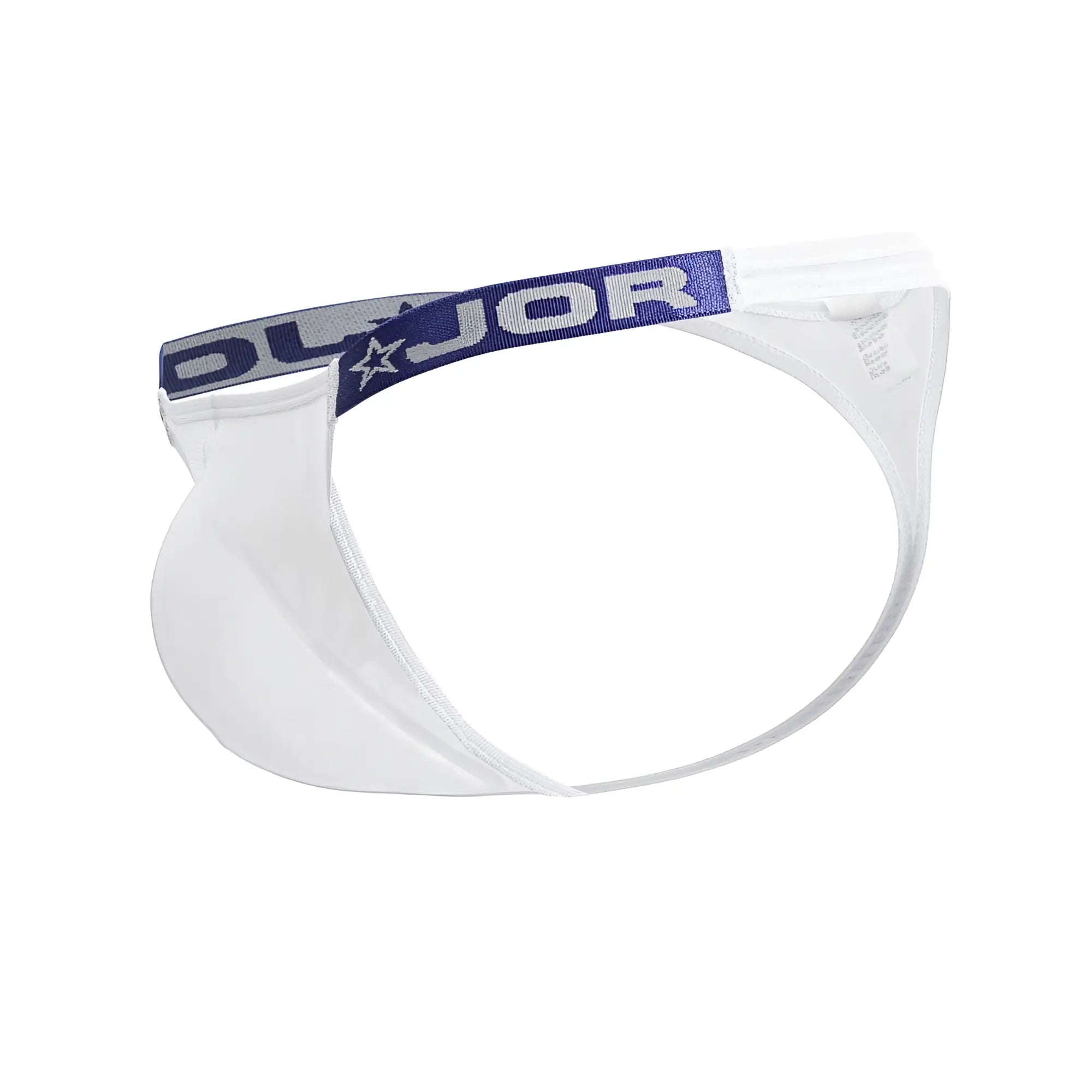 White men’s briefs jor 2238 frost with navy blue elastic waistband featuring dorj logo and star emblem