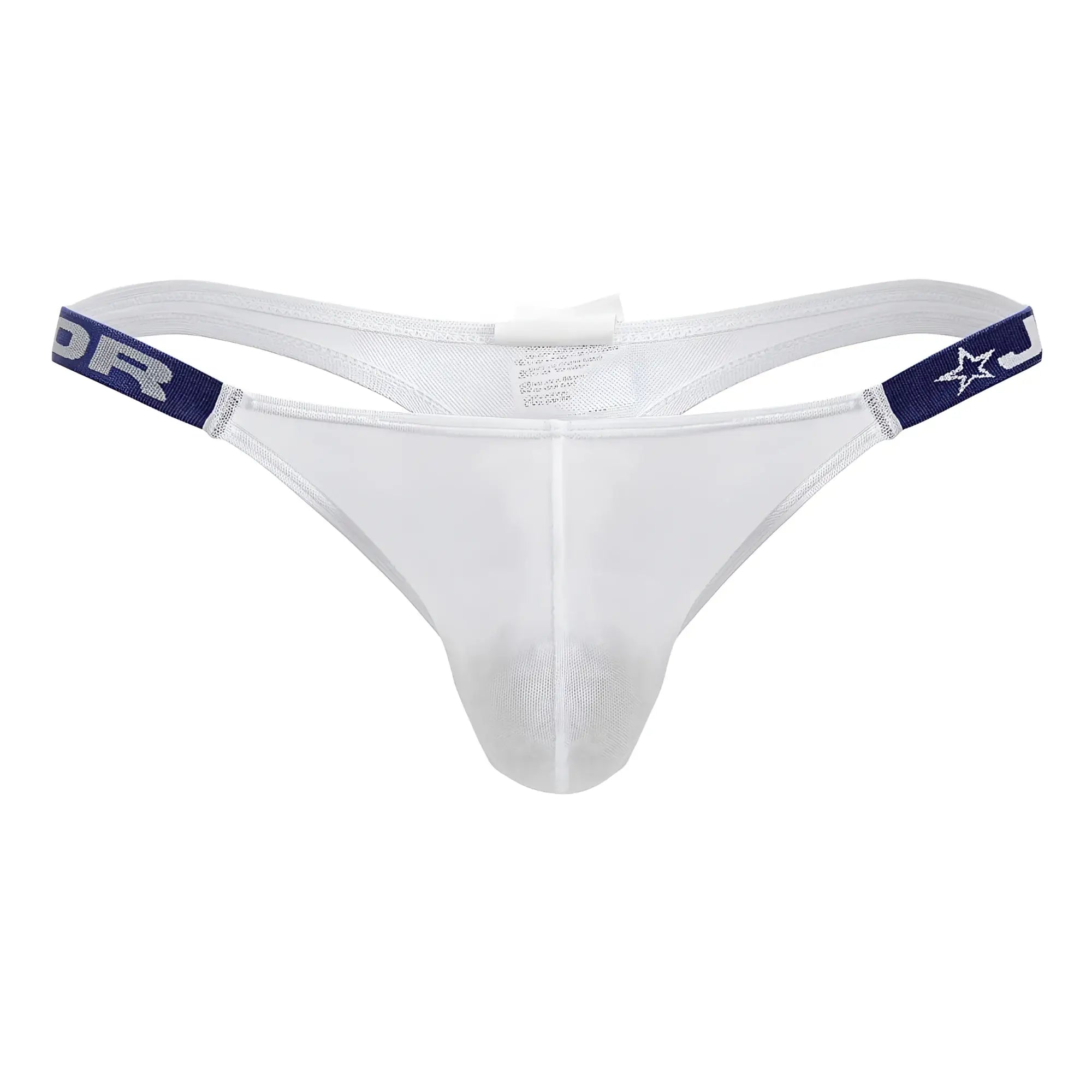 White mesh jor 2238 frost thong with navy blue elastic waistband featuring star and lettering design