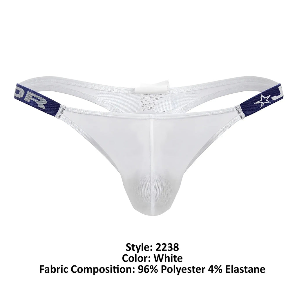 White mesh thong with navy elastic bands featuring star and lettering design from JOR 2238 Frost Thongs collection