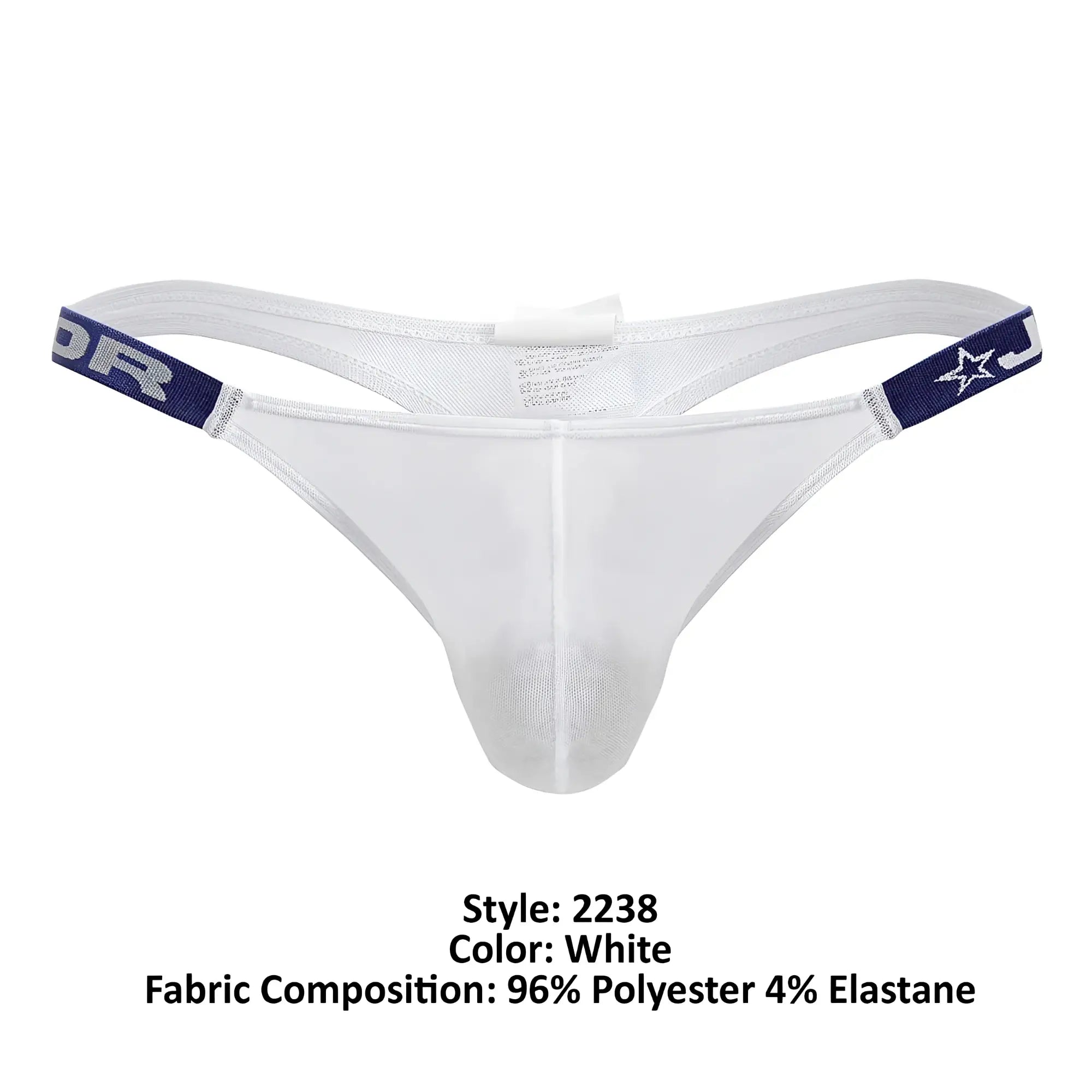 White mesh thong with navy elastic bands featuring star and lettering design from JOR 2238 Frost Thongs collection