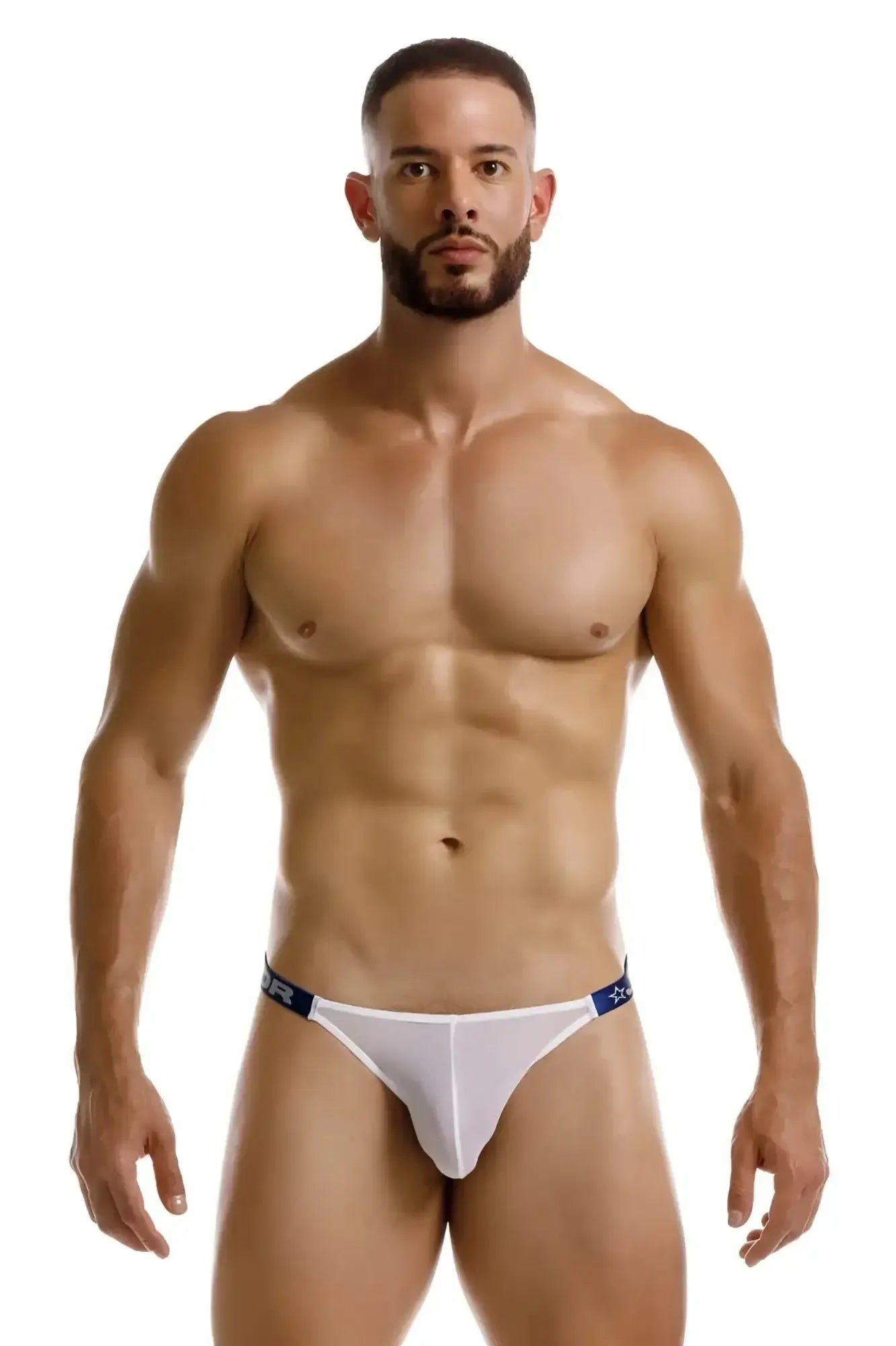 White thong jor 2238 frost thongs with blue trim and subtle logo on waistband showing front side
