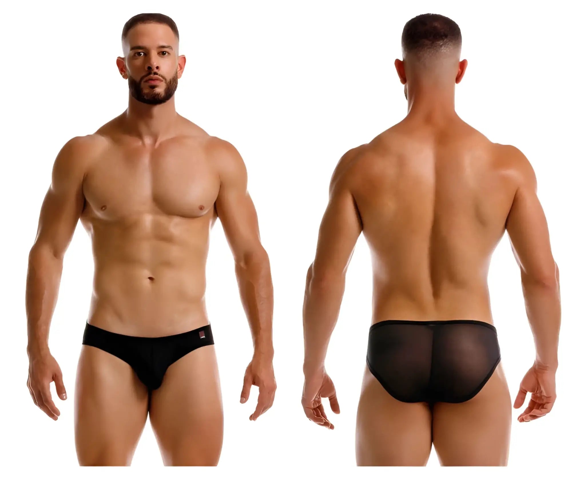 Jor 2241 origin briefs black black mesh briefs with solid waistband and small red logo on left side front view