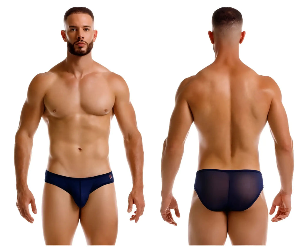 Navy blue jor 2241 origin briefs with sheer mesh fabric and solid waistband shown from the back side