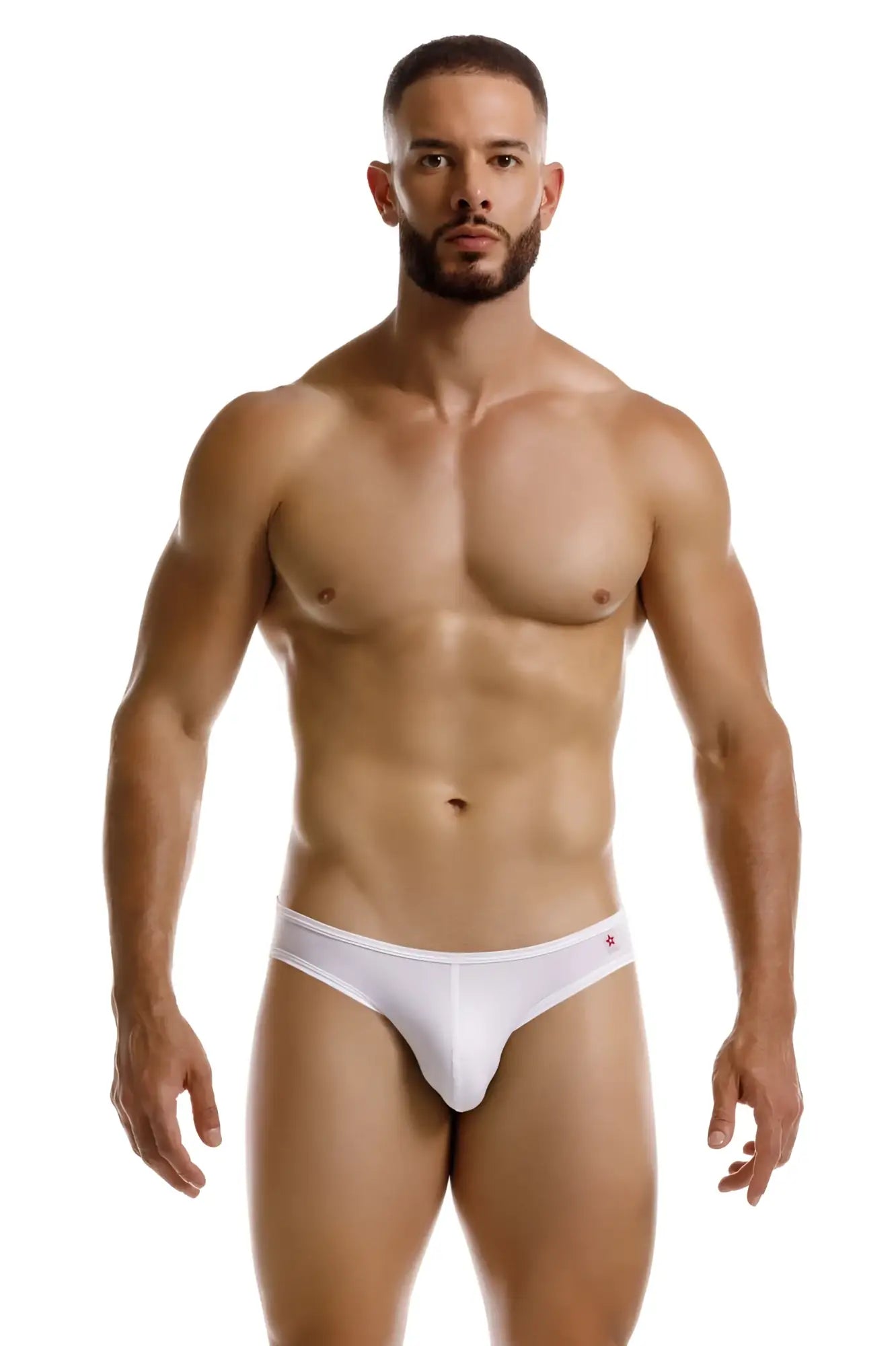 White jor 2241 origin briefs with a subtle red star logo on the waistband made of soft cotton fabric