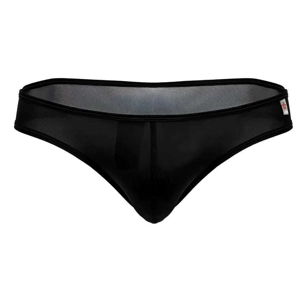 Black JOR 2242 Origin thong with black mesh, smooth opaque front panel, and reinforced elastic waistband