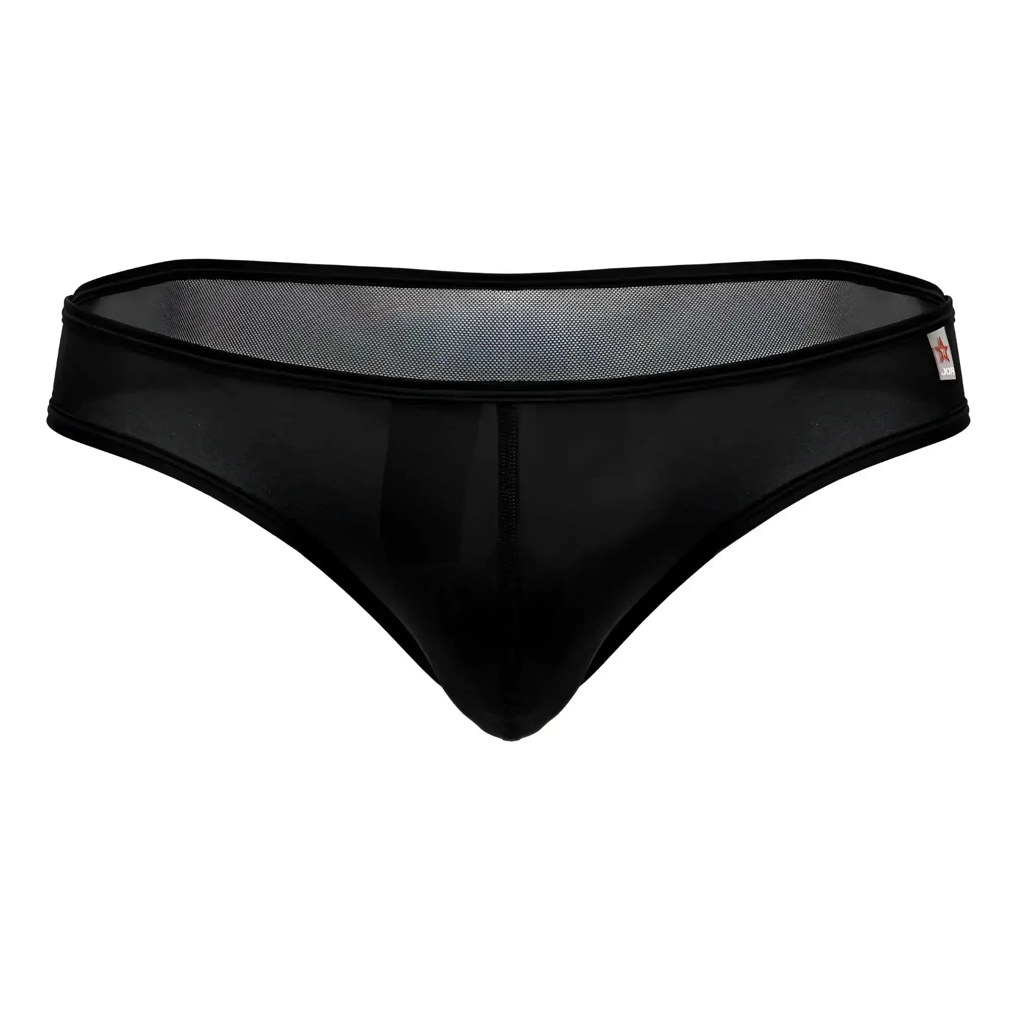 Black JOR 2242 Origin thong with black mesh, smooth opaque front panel, and reinforced elastic waistband